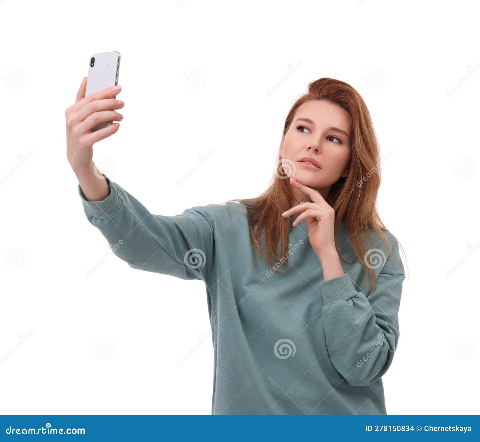 Beautiful Woman Taking Selfie on White Background Stock Photo Image