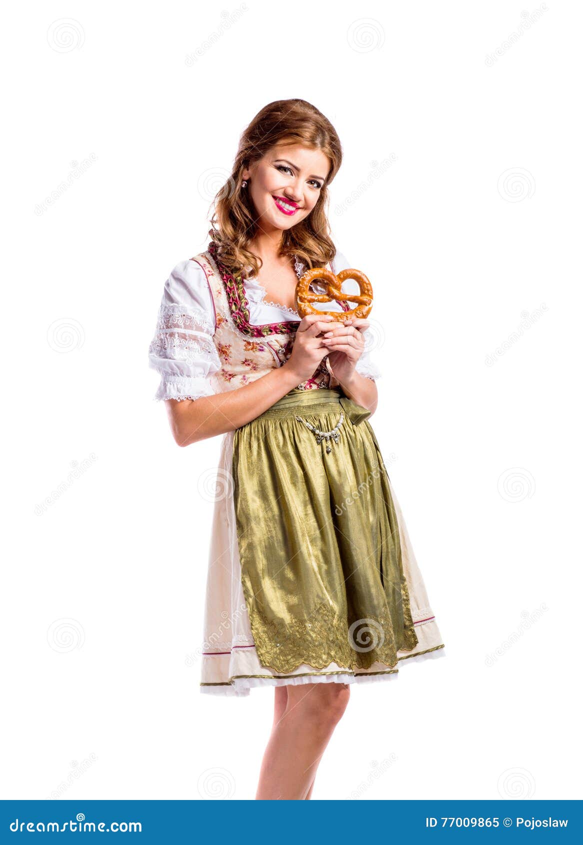 Beautiful Woman In Traditional Bavarian Dress Holding A Pretzel Stock