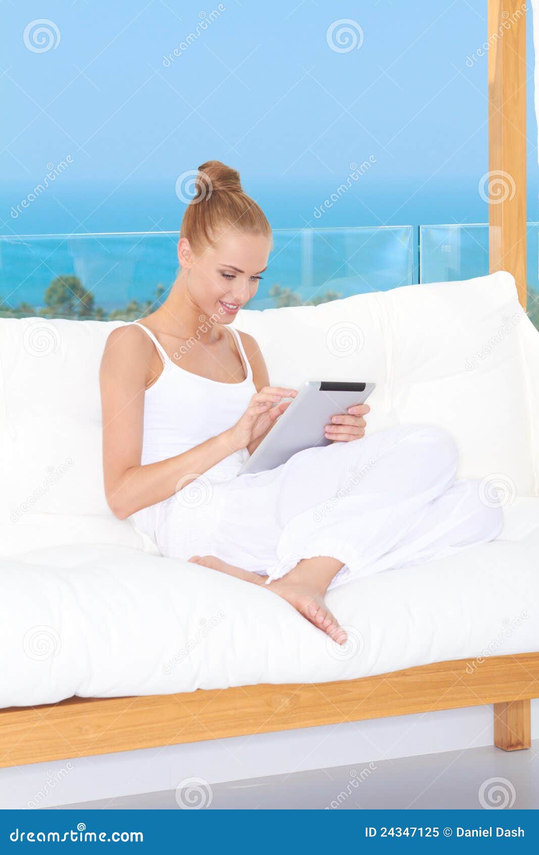 beautiful woman using a touchpad notebook