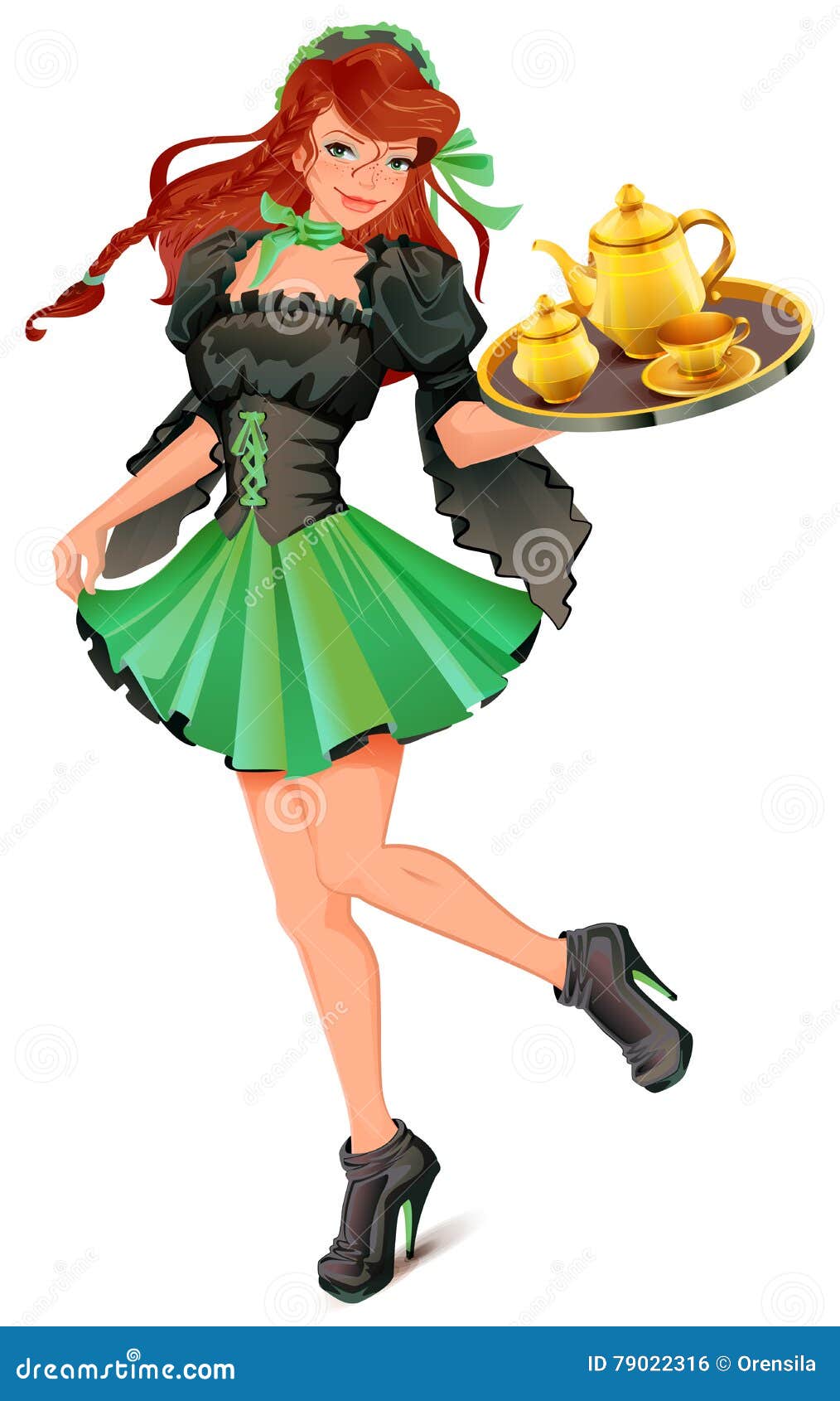 beautiful woman waiter carries tray with tea
