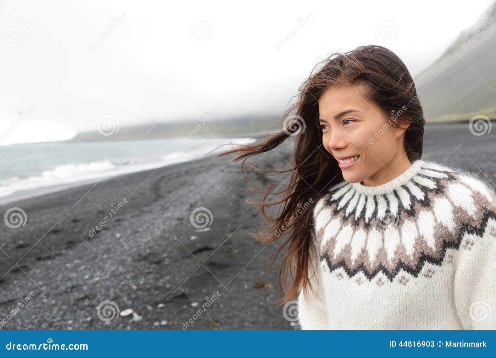 Beautiful Woman Walking on Beach on Iceland Stock Image - Image of