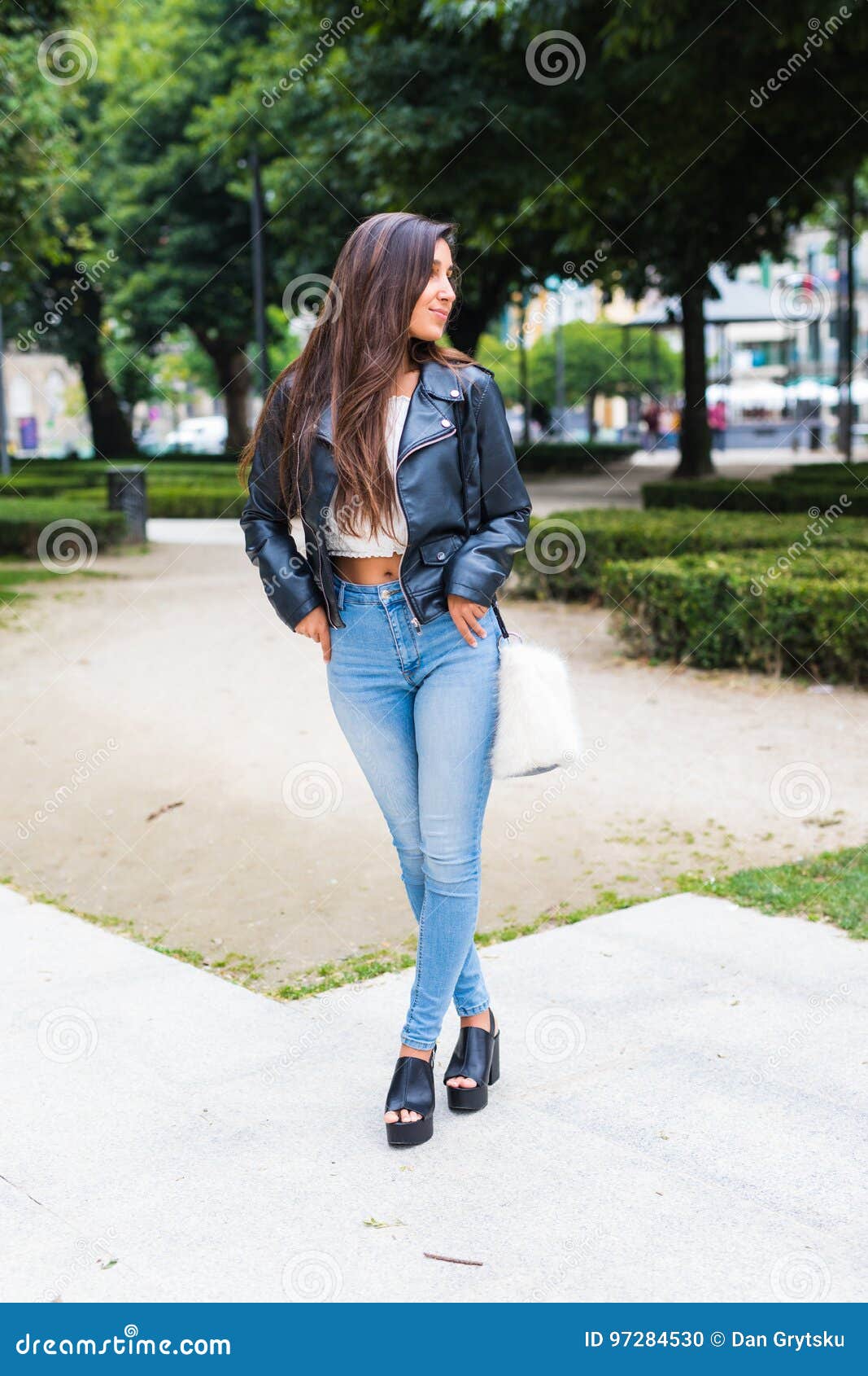 Beautiful Woman Walking in the City Street Park in Suummer Day Stock ...