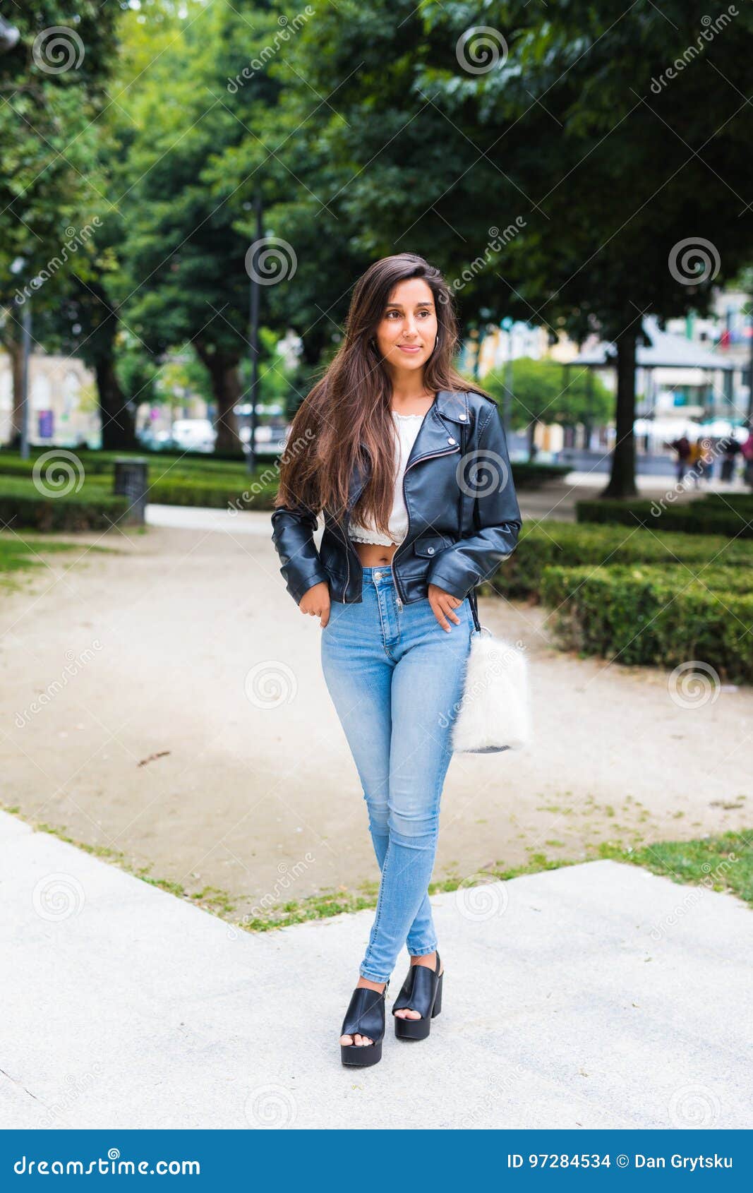 Beautiful Woman Walking in the City Street Park in Suummer Day Stock ...