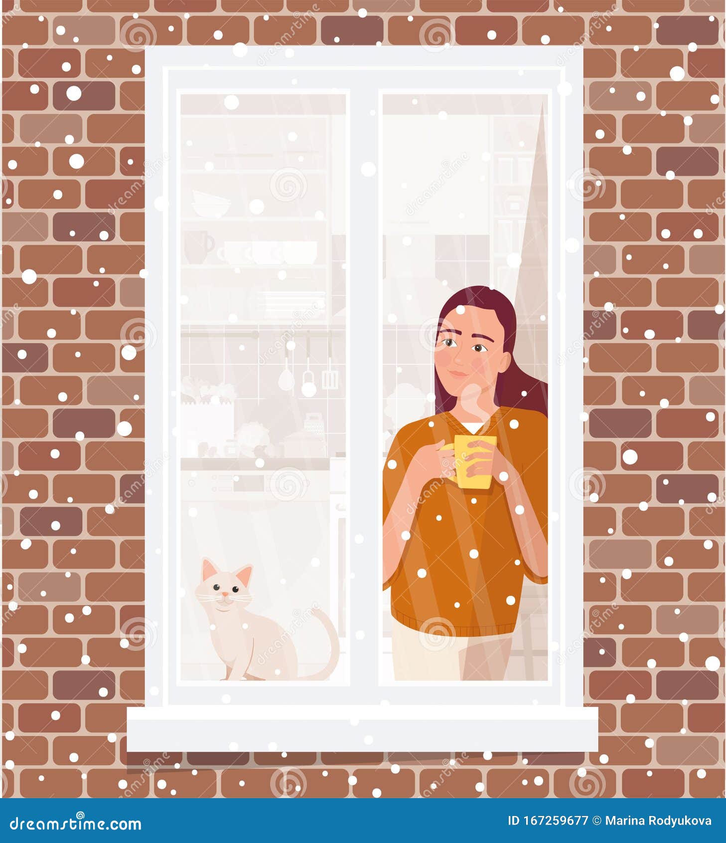 beautiful woman watching the snow from the window with a cup of hot drink.