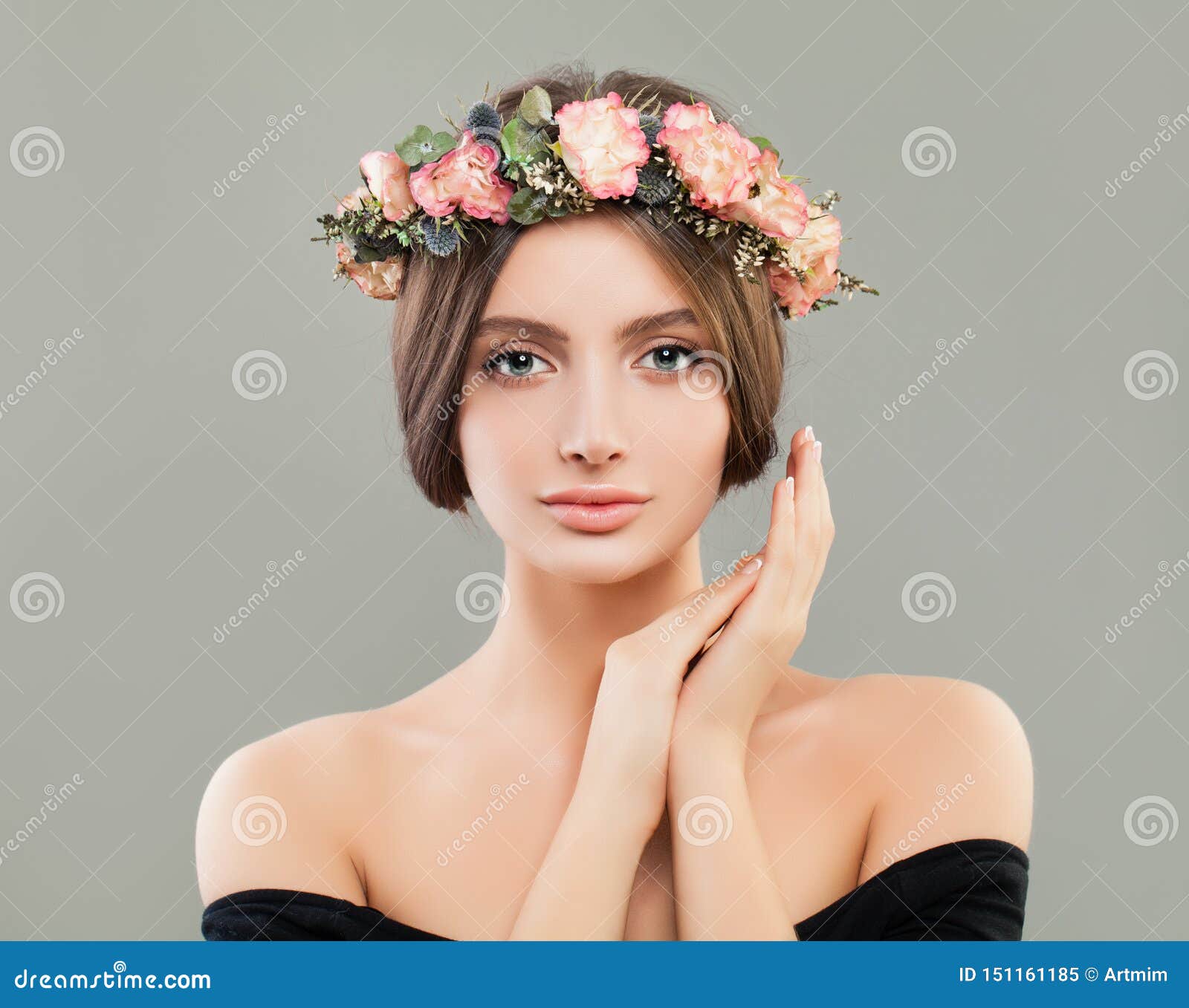 Beautiful Woman Wearing Flowers Wreath Portrait Stock Image - Image of ...