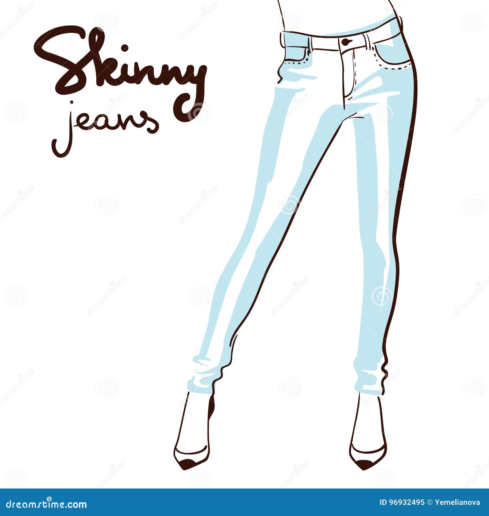 Skinny jeans denim pants technical fashion illustration with full length,  normal waist, high rise, 5 pockets, rivets. Skinny | CanStock