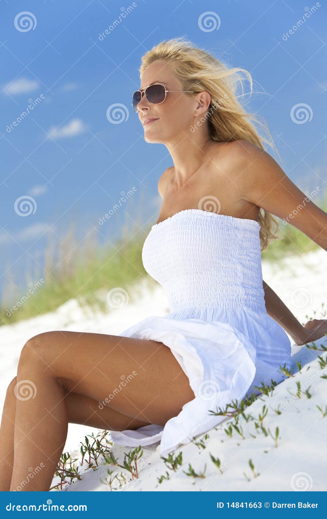 Beautiful Woman In White Dress And Sunglasses Stock Image