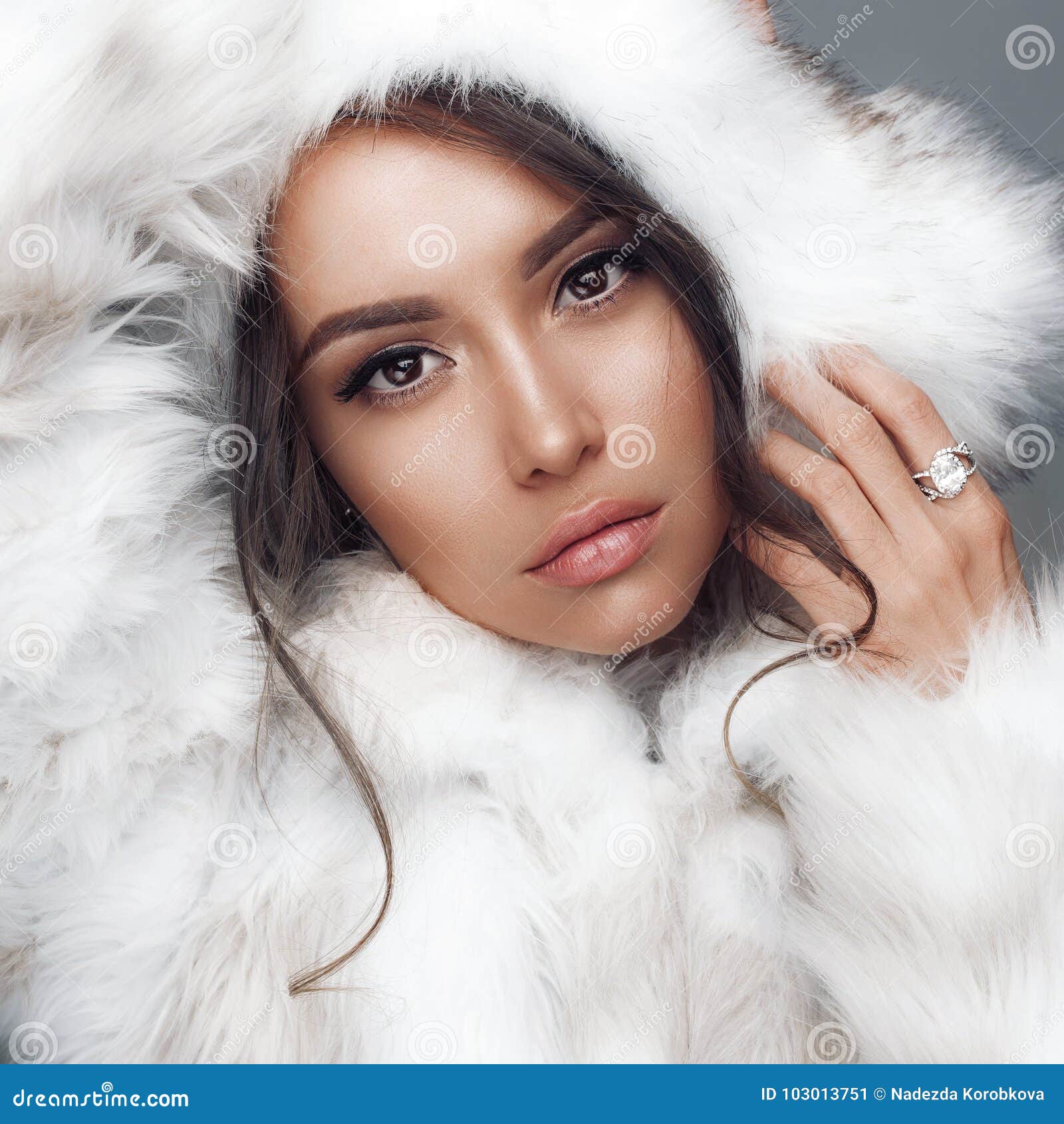 Beautiful Woman in White Fur Coat and Fur Hat Stock Image - Image of ...