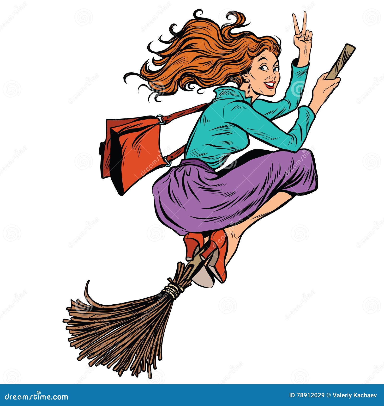 beautiful woman witch flying on a broom