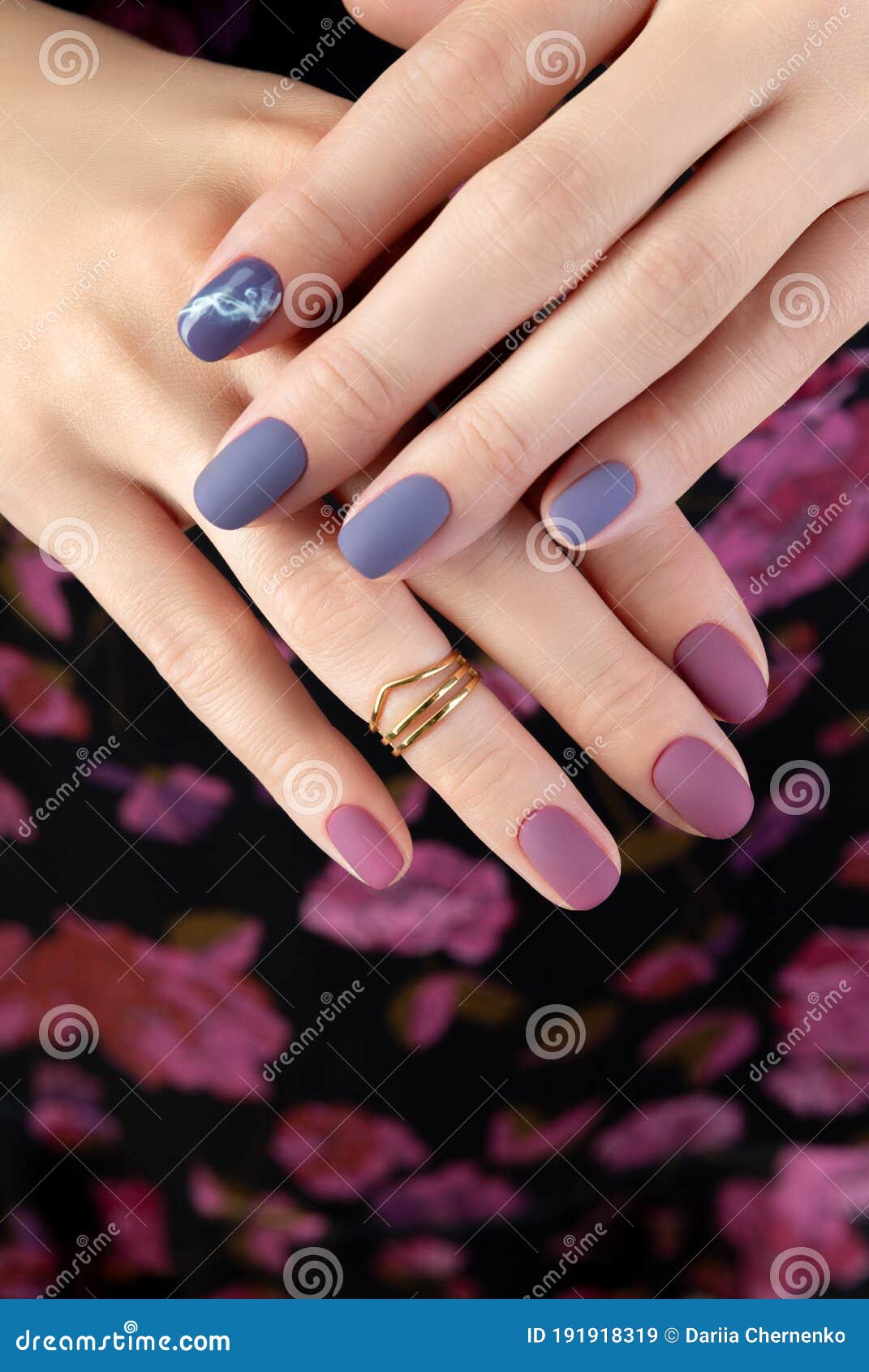 Beautiful Womans Hand with Purple Matte Manicure on Fabric Stock Image ...