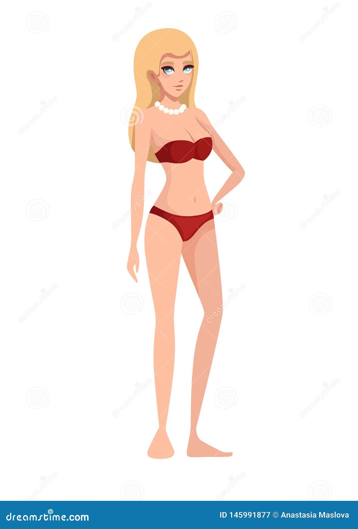 Beautiful Women Wearing Red Modern Style Swimsuit and White Beads Necklace. Cartoon  Character Design Stock Illustration - Illustration of clothing, clothes:  145991877