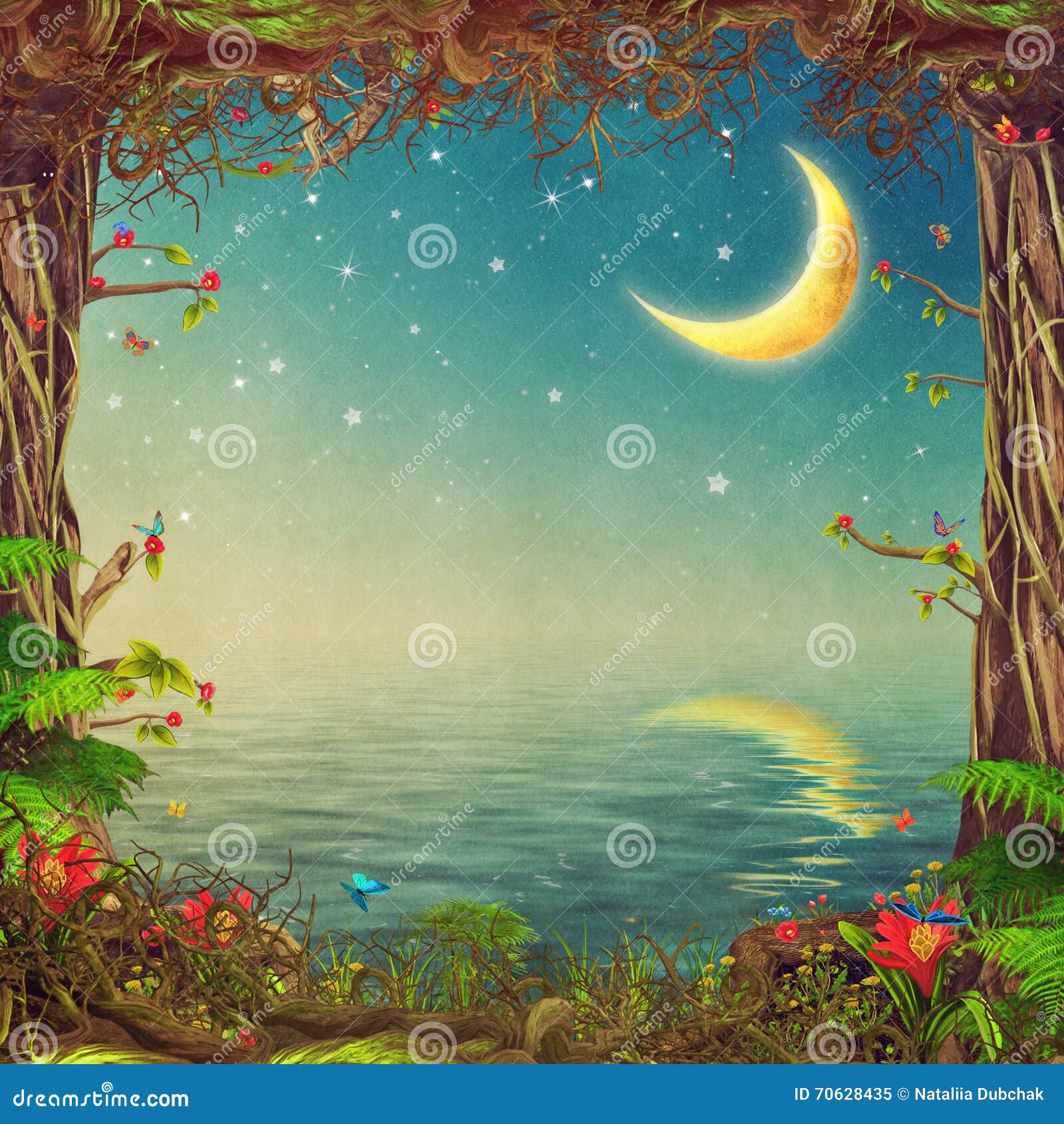 beautiful woodland scene with trees ,sky and moon over the sea