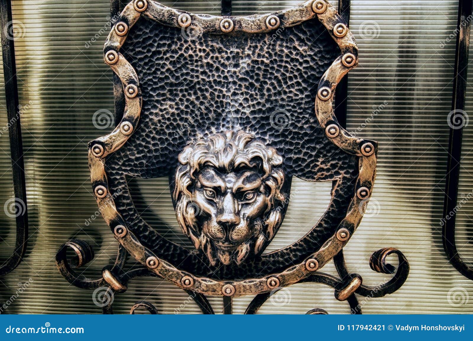 Beautiful Wrought Iron Gates, the Head of a Lion Stock Image Image of