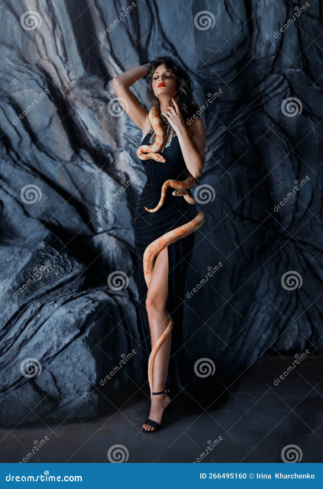 https://thumbs.dreamstime.com/z/beautiful-yellow-snakes-entwine-body-naked-sexy-leg-young-woman-viper-queen-stands-backdrop-blue-stone-wall-black-big-yellow-266495160.jpg