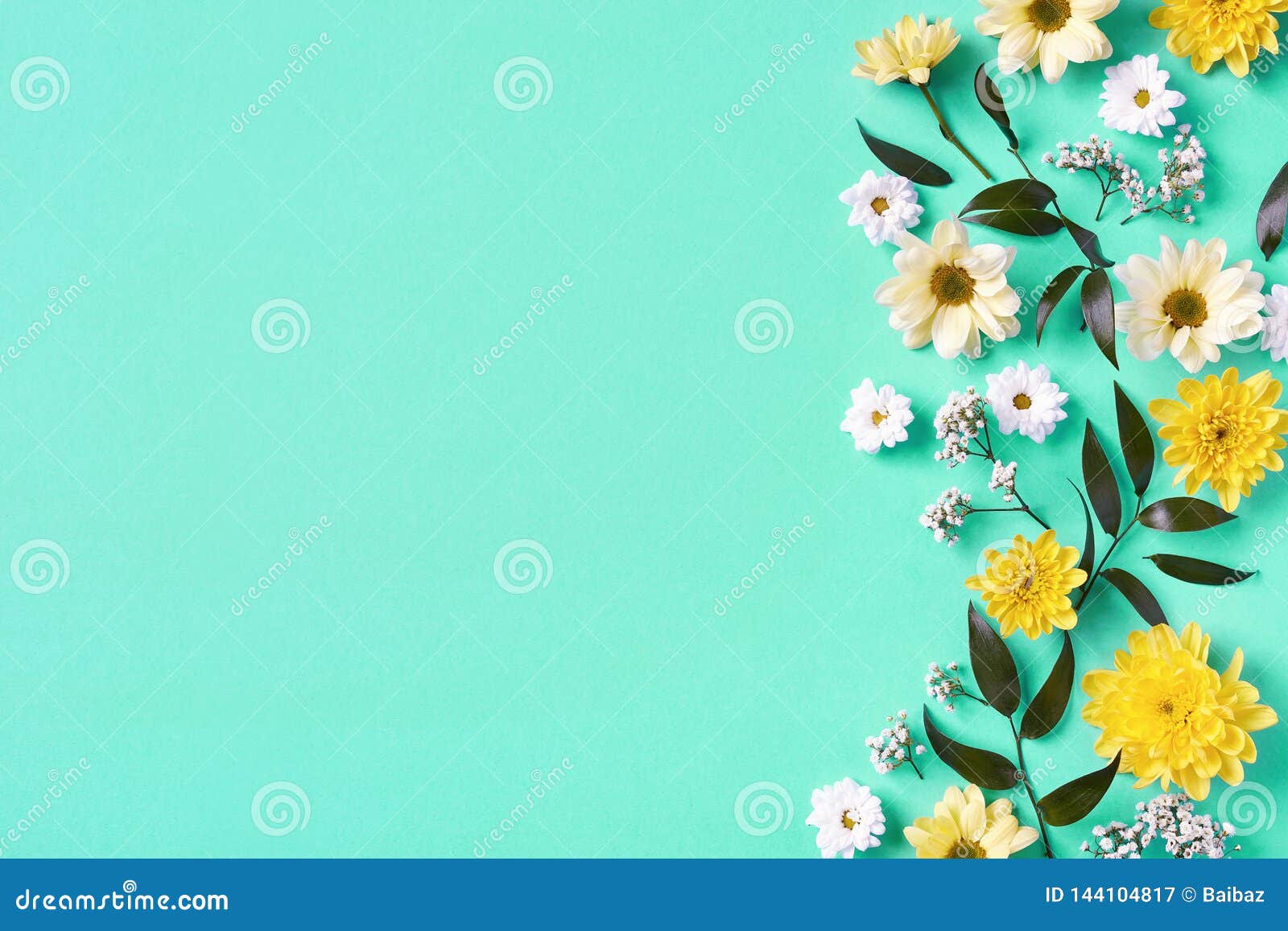 Beautiful Yellow and White Flowers Composition on Blue Background Stock  Image - Image of beautiful, green: 144104817