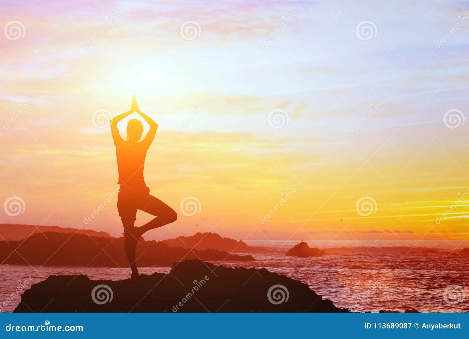 Beautiful Yoga Background, Silhouette of Woman on the Beach at Sunset,  Mindfulness Stock Image - Image of beautiful, mind: 113689087