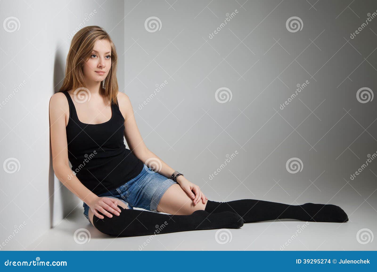 Beautiful Young Woman Wearing Jeans Shorts Stock Photo 