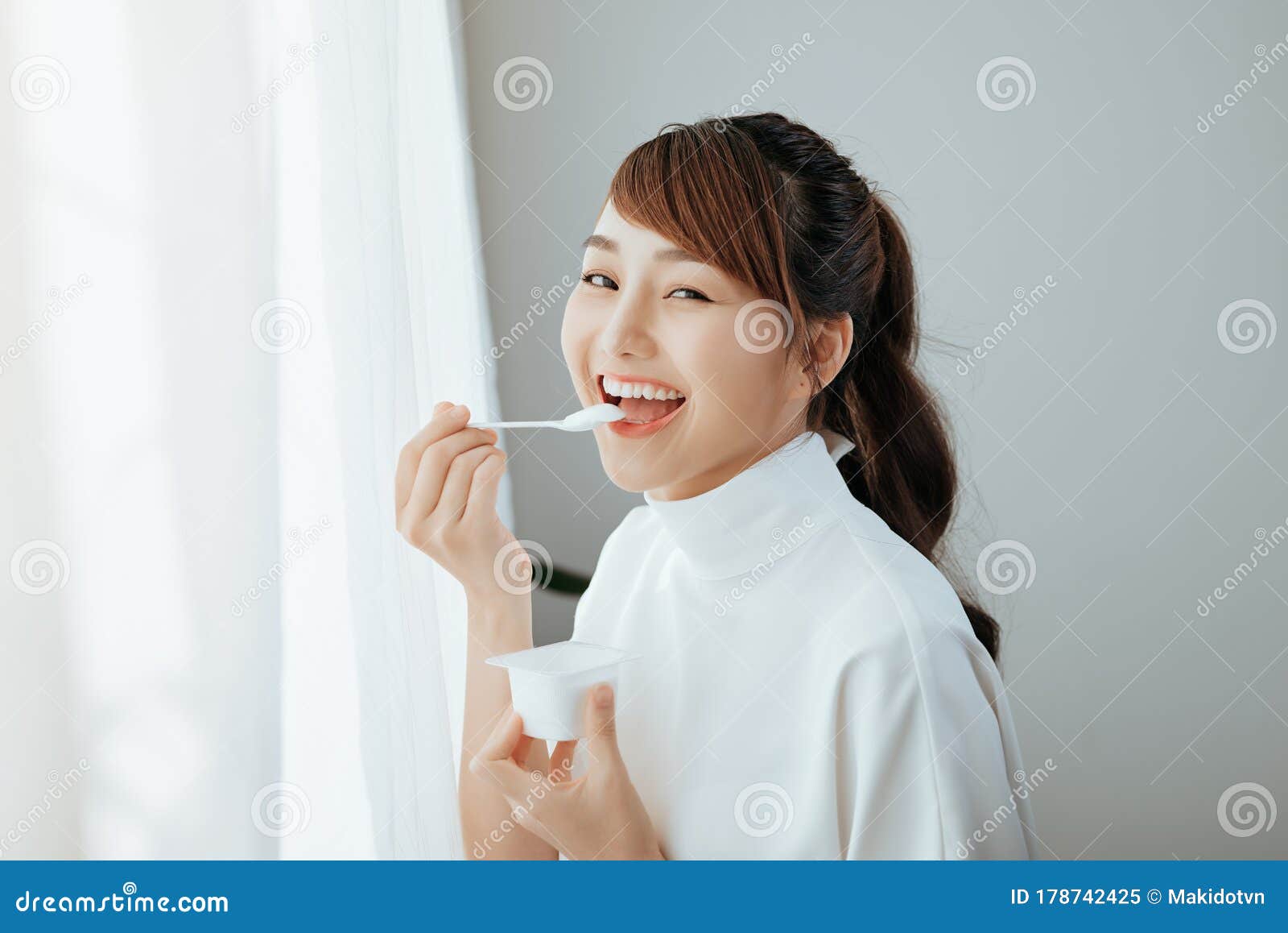 Beautiful of Young Asian Woman Eating Yogurt Stock Image Image of