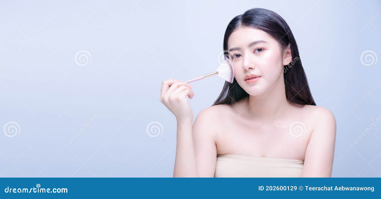 1600px x 836px - Beautiful Young Asian Woman with Half Naked Applying Cosmetic Powder Brush  on Smooth Face, Natural Makeup, Beauty Face, Isolated Stock Image - Image  of blue, beautiful: 202600129