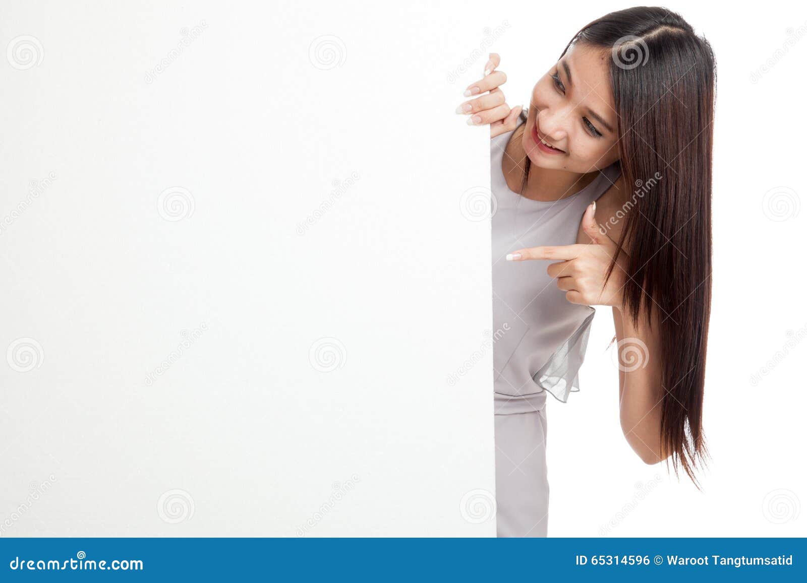 Beautiful Young Asian Woman Point Finger Behind Blank Sign Stock Ph