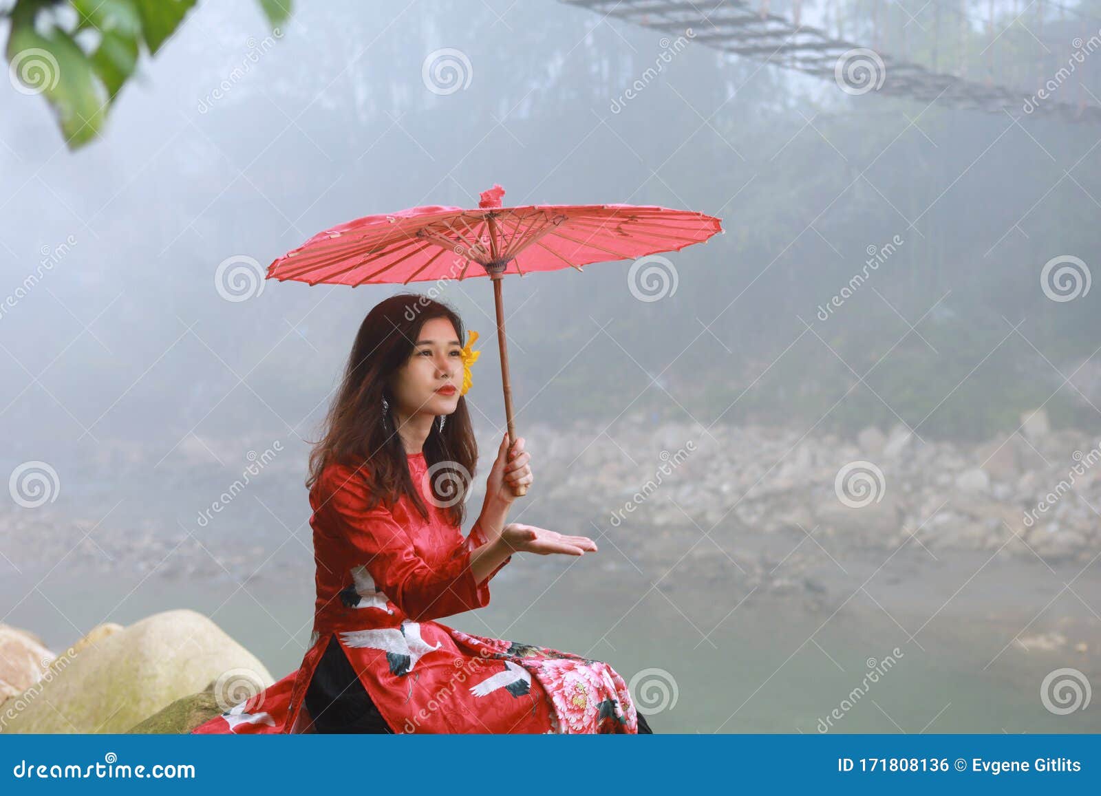 Beautiful Young Asian Woman with Red Umbrella in the Rain Stock ...