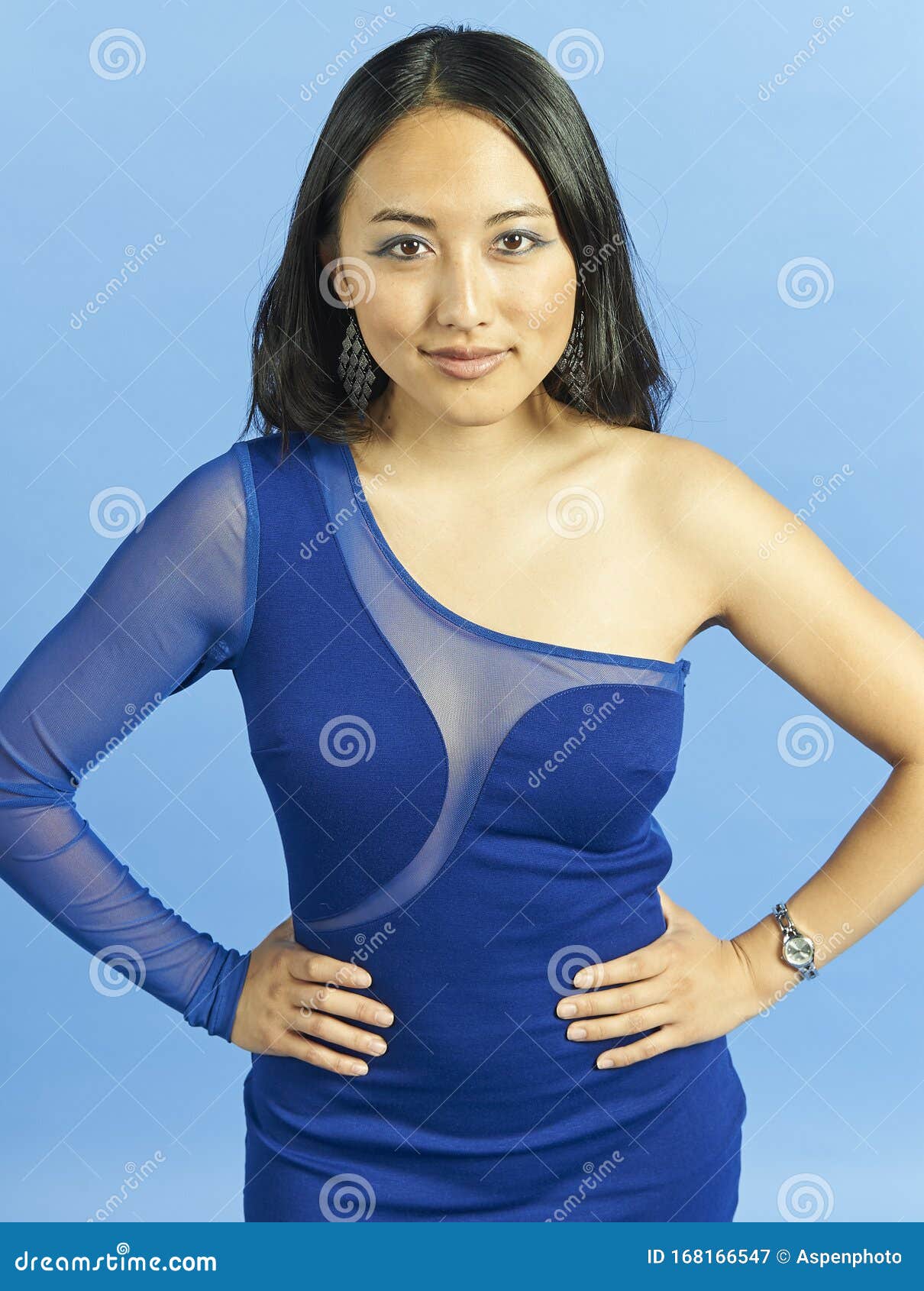 Gorgeous Asian Model Poses In Blue Dress Stock Image