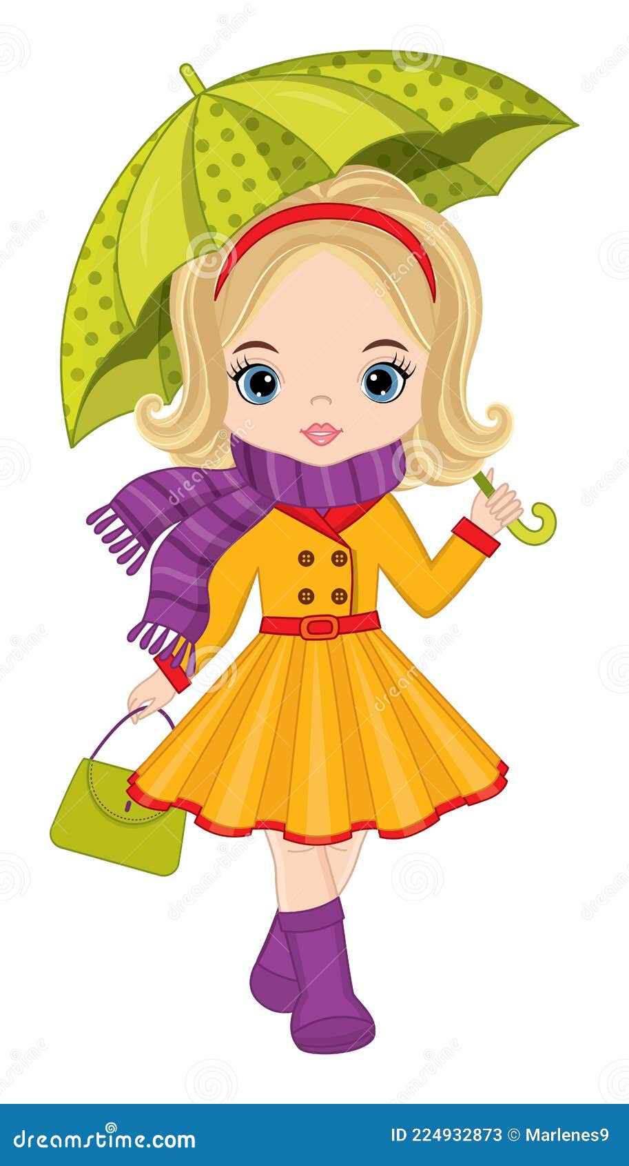 Beautiful Young Girl Holding Umbrella and Handbag.Vector Autumn Girl ...