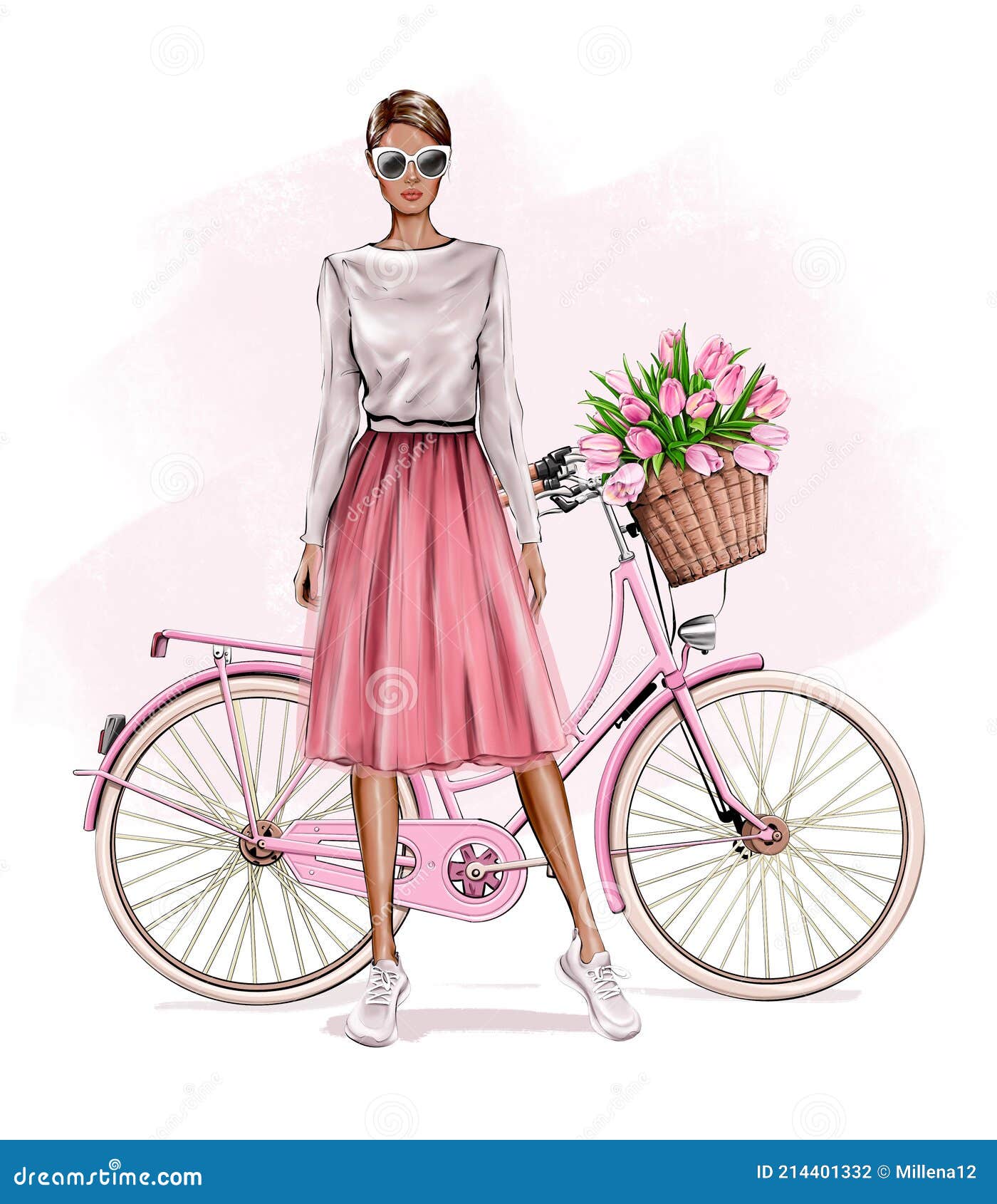 beautiful young blond hair girl standing near bicycle. fashion girl. pretty woman in skirt. girl in pink fluffy tulle skirt.