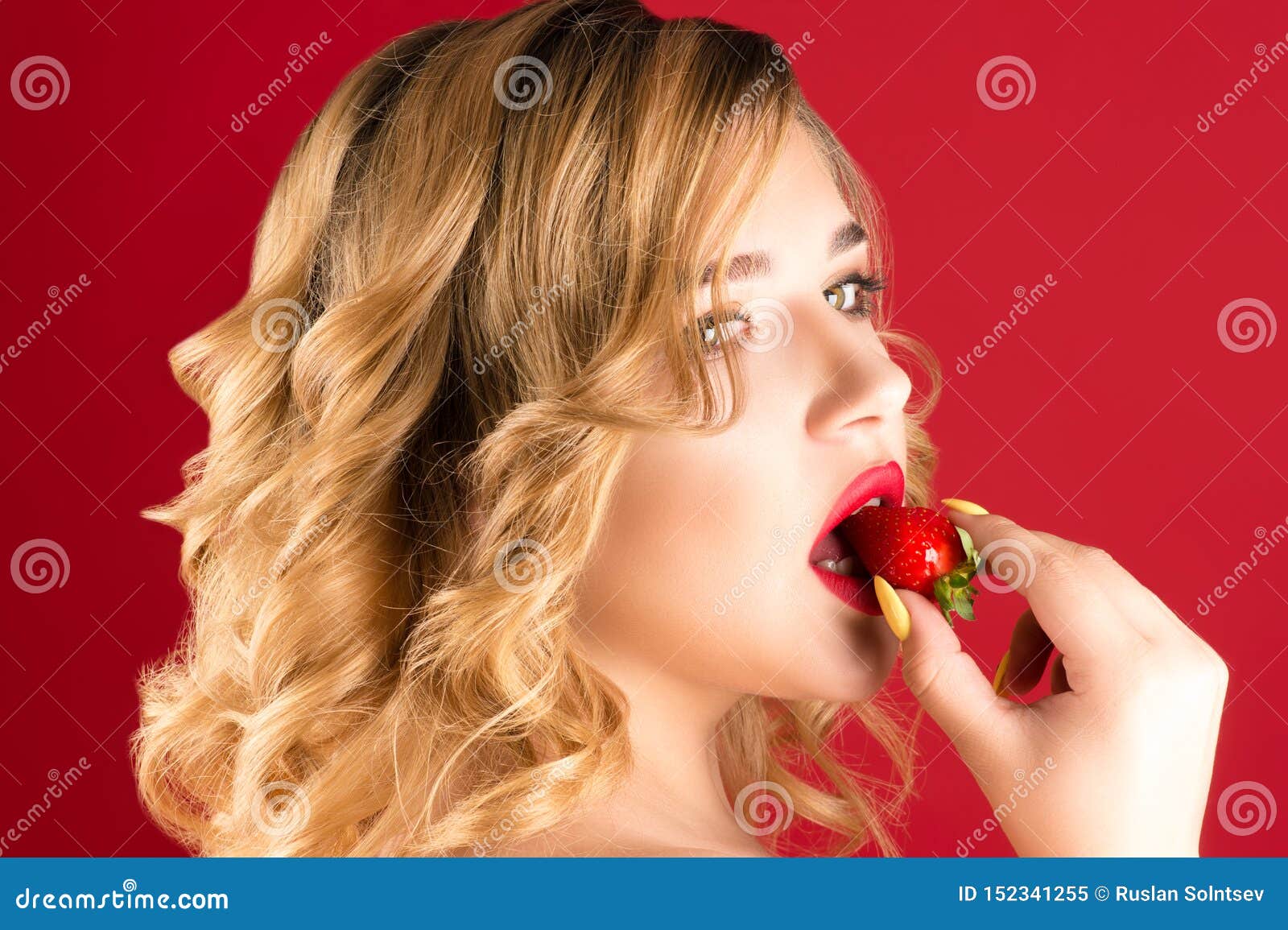 Beautiful Young Blonde Eats Strawberries With Cream Stock Image Image 