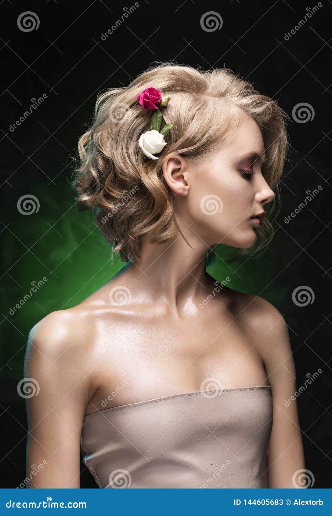 Beautiful Young Blonde Girl with Naked Shoulders, Flowers Braided