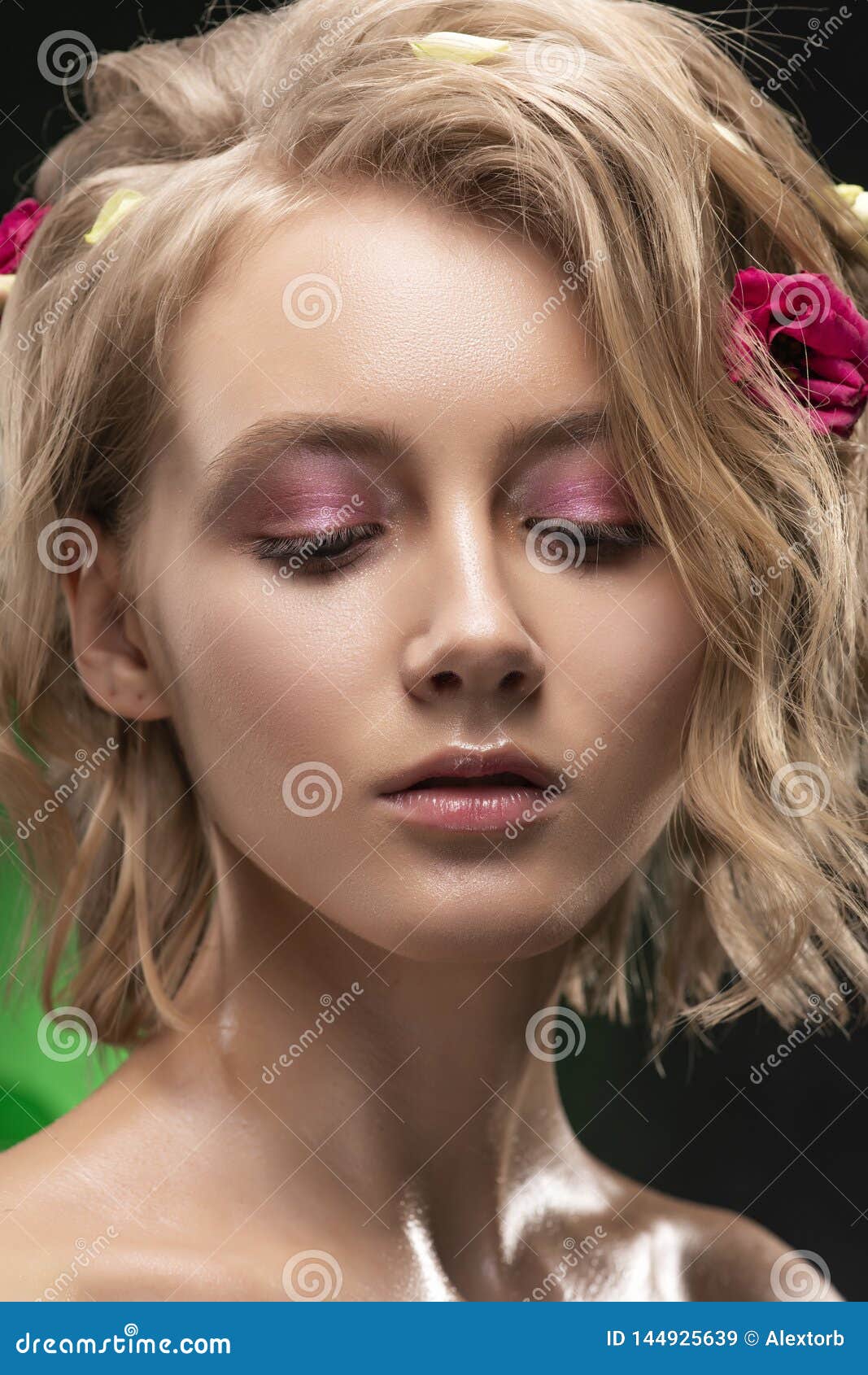 Beautiful Young Blonde Girl with Naked Shoulders, Flowers Braided into Her  Hair and Oily Body Poses on a Dark Green Gradient Stock Image - Image of  lady, female: 144925639