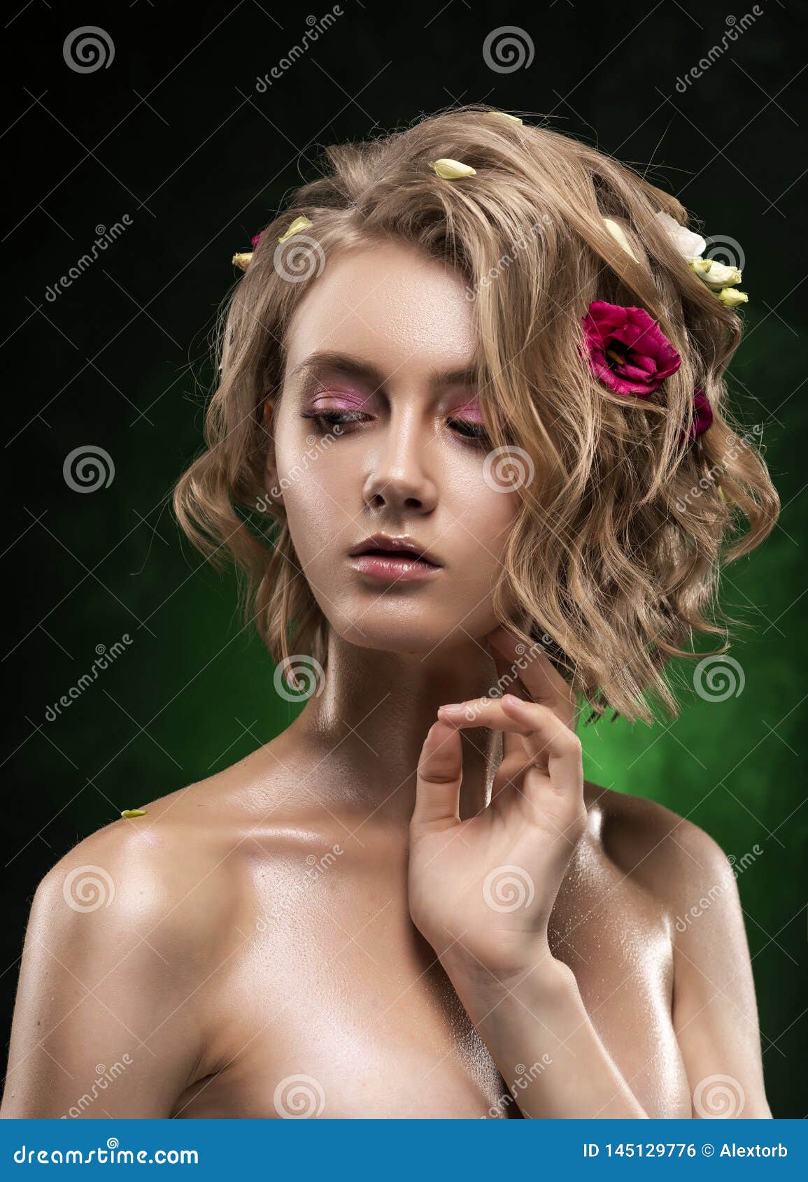 Beautiful Young Blonde Girl with Naked Shoulders, Flowers Braided