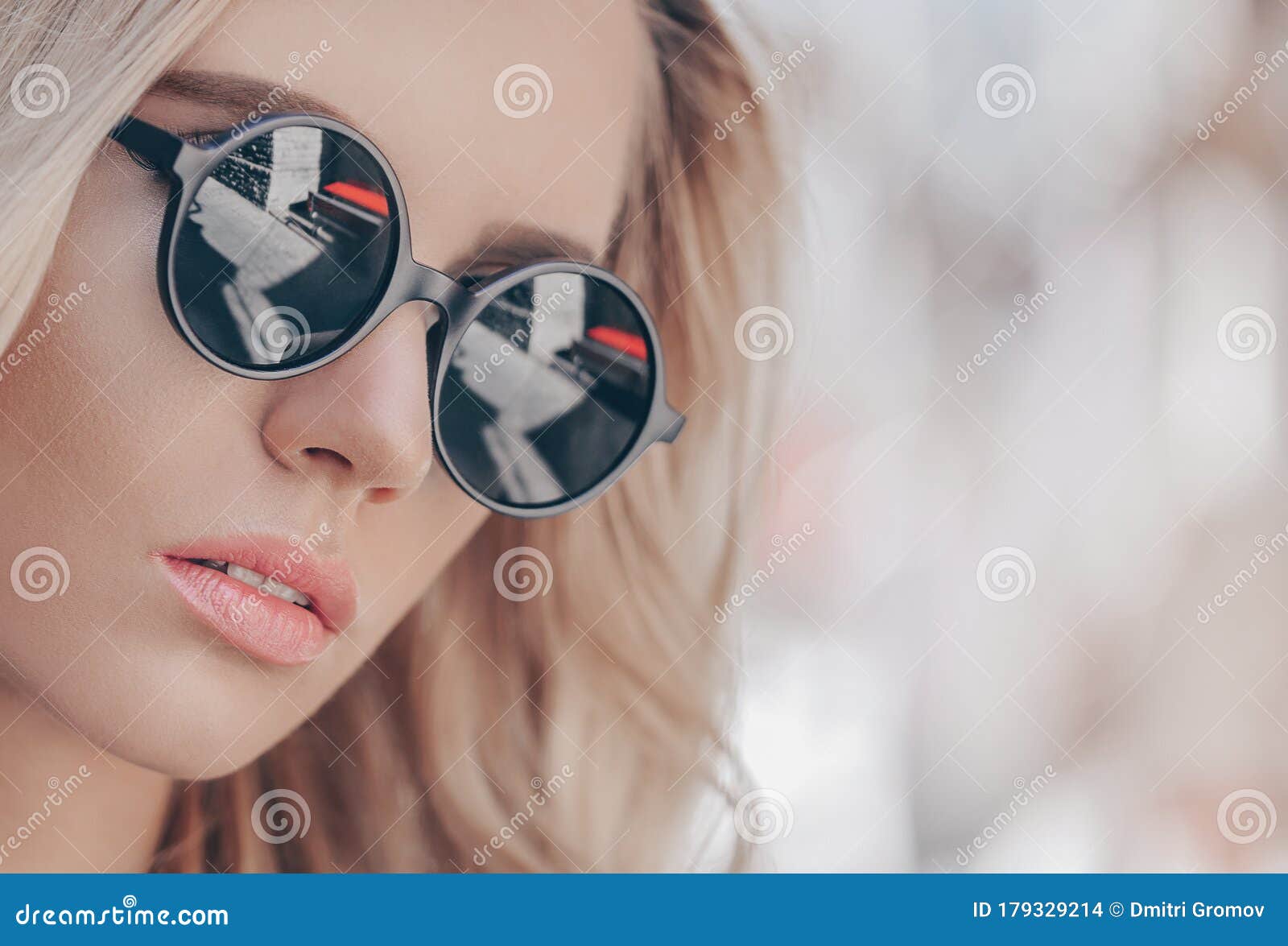 Portrait Of Cute Stylish Blonde Woman In Black Sunglasses In Outdoor 