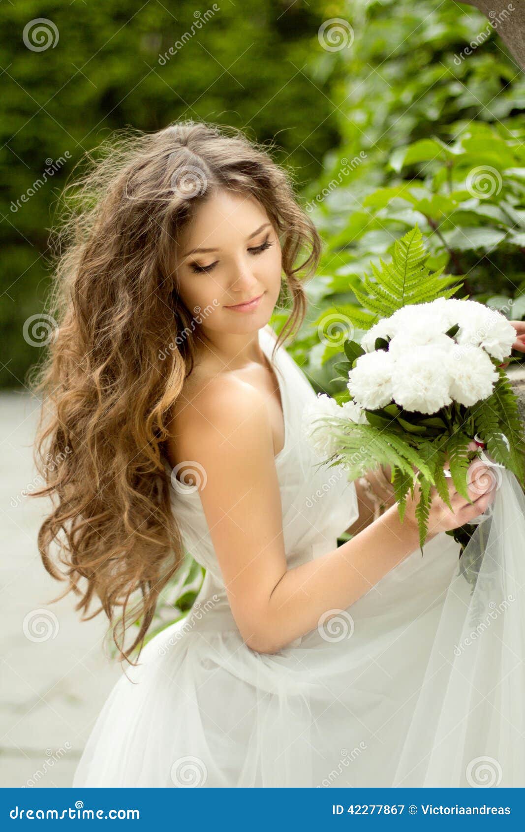 Beautiful Young Bride With Long Wavy Hair And Wedding 