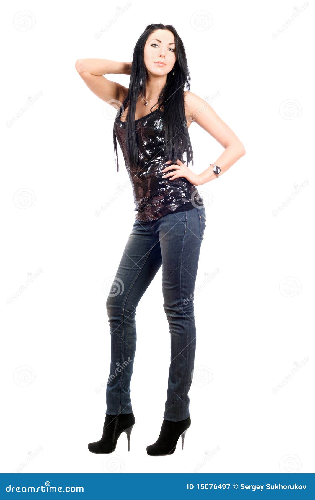 Beautiful Young Brunette in a Blue Jeans Stock Image - Image of jeans ...