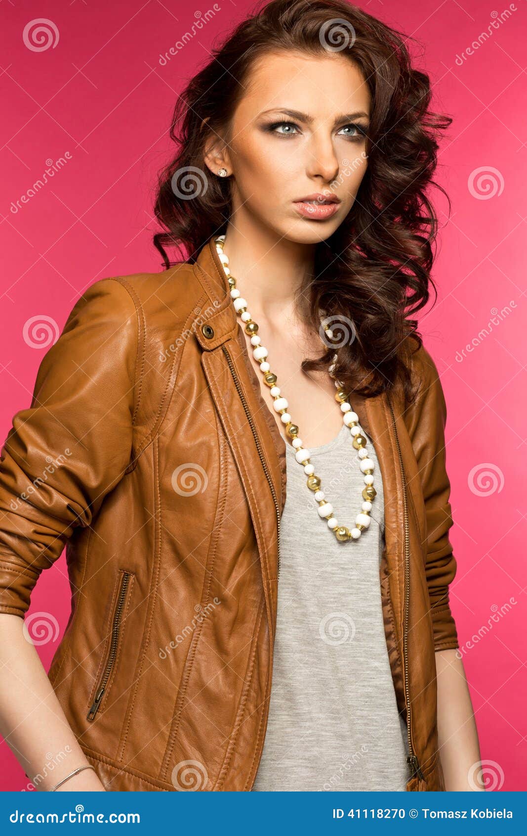 Beautiful Young Brunette in the Leather Jacket Stock Photo - Image of ...