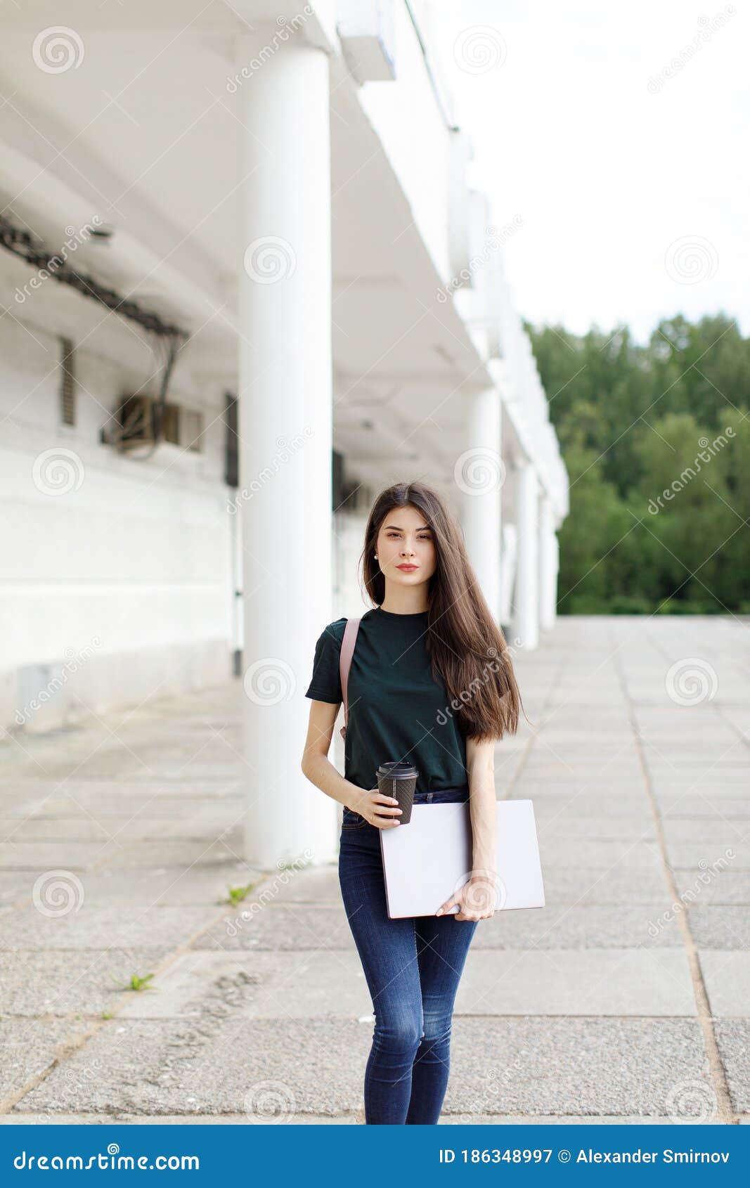 Beautiful Young Brunette Woman Carrying Backpack and Drinking Takeaway ...