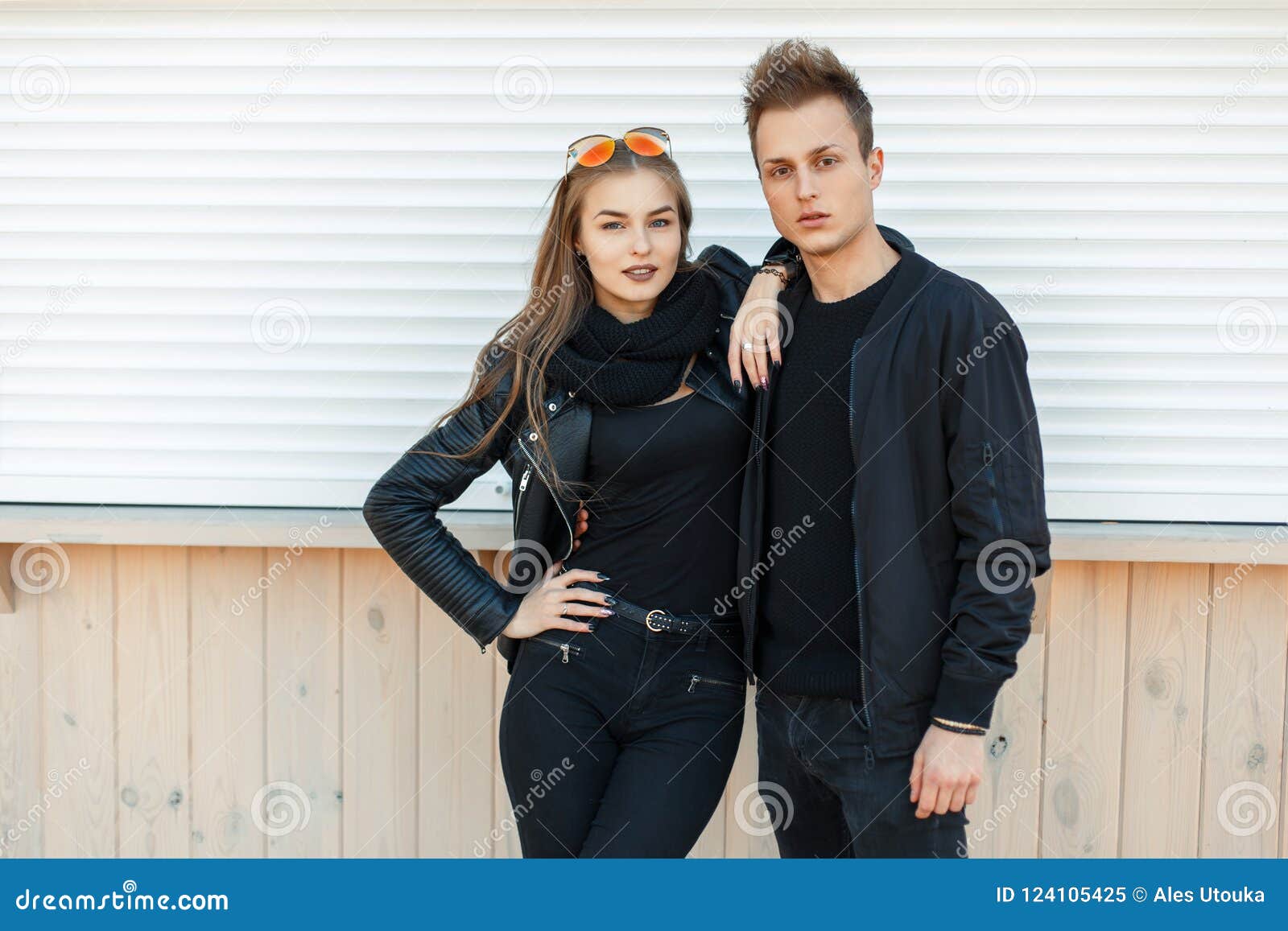 Beautiful Young Couple in Fashionable Black Jackets Stylish Stock Image ...