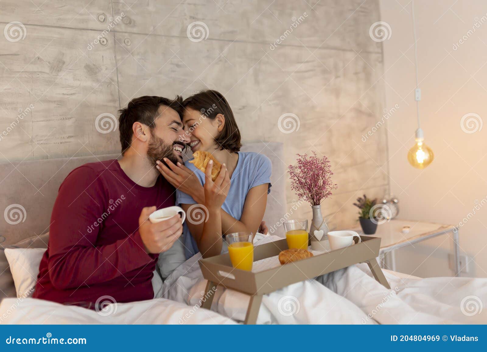 Couple Having Breakfast In Bed Stock Image Image Of Kissing Food 204804969