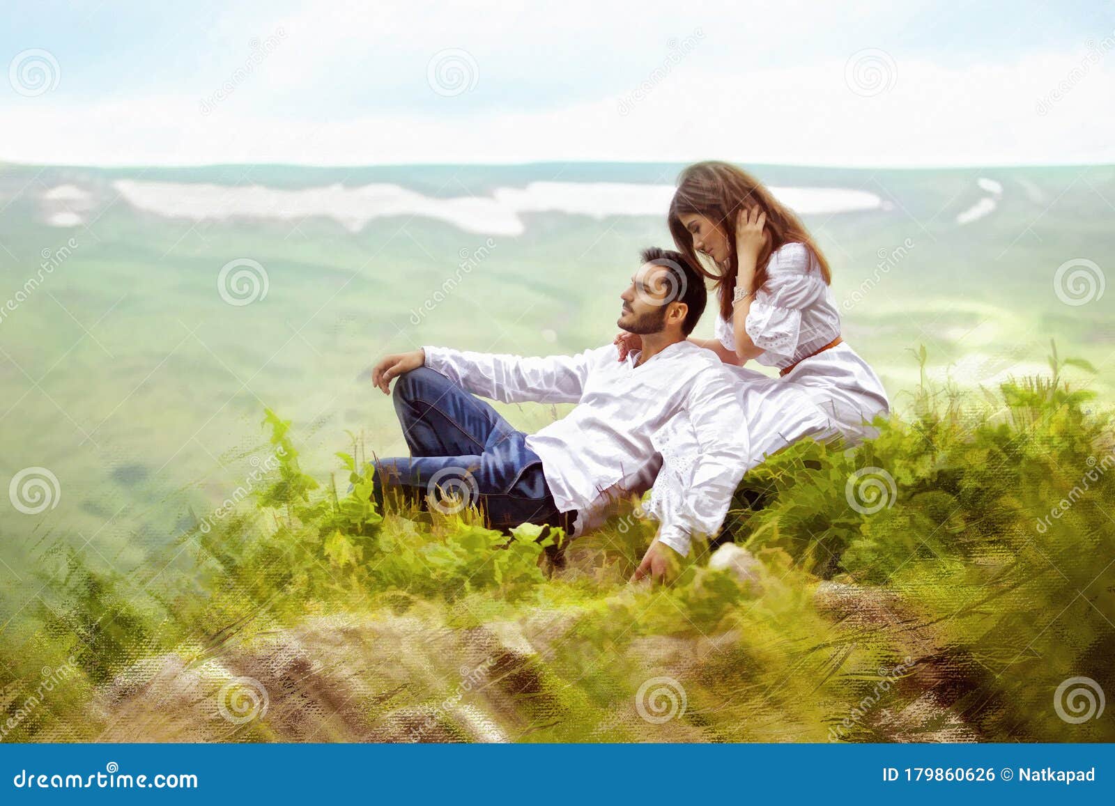 Beautiful Young Couple Man and are in Nature Stock Photo - Image of painting: 179860626