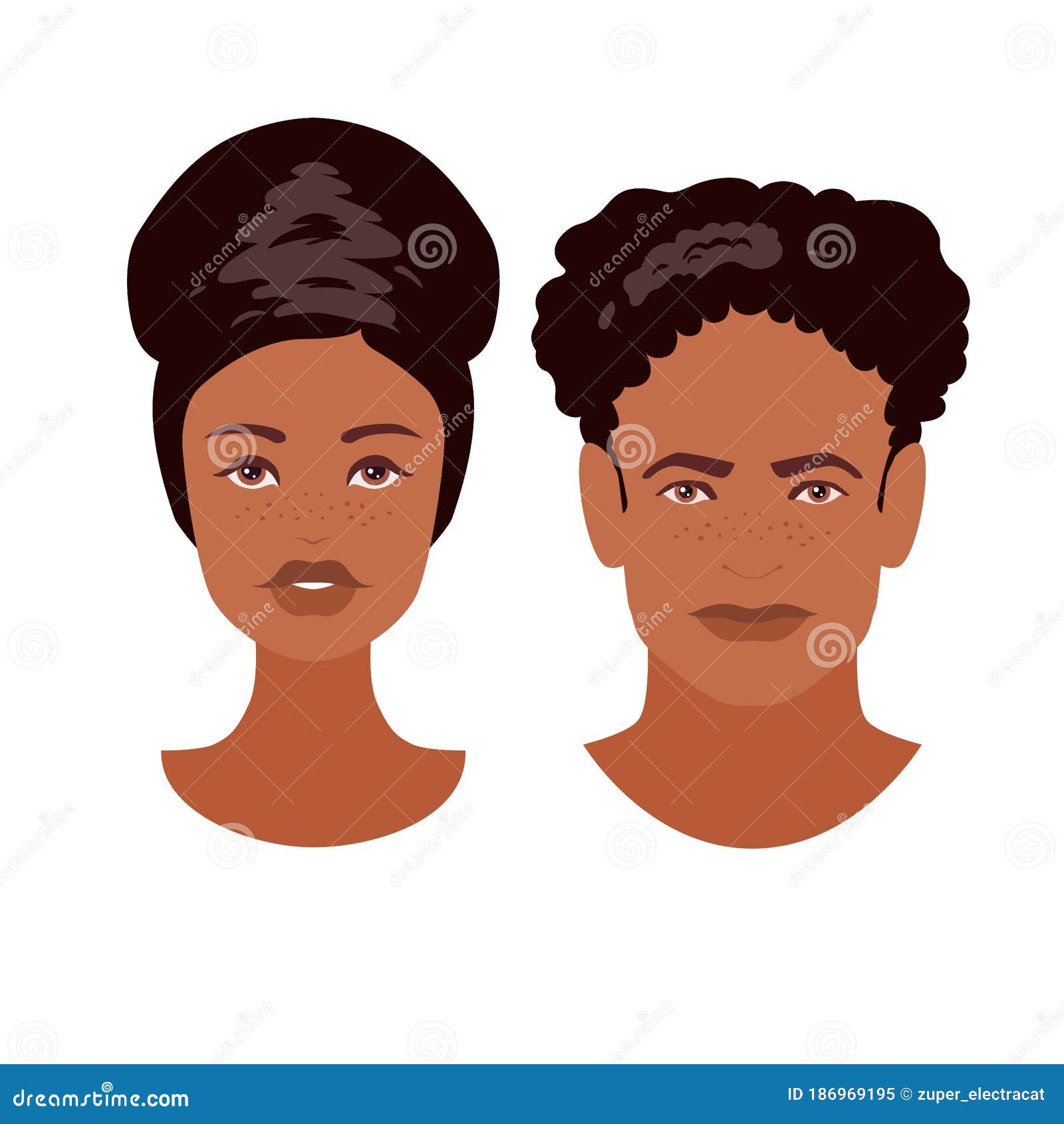 Beautiful Young Dark-skinned Woman and Man Faces. Boy and Girl Heads  Isolated on White Background. Male and Female User Icons Stock Vector -  Illustration of cheerful, beauty: 186969195