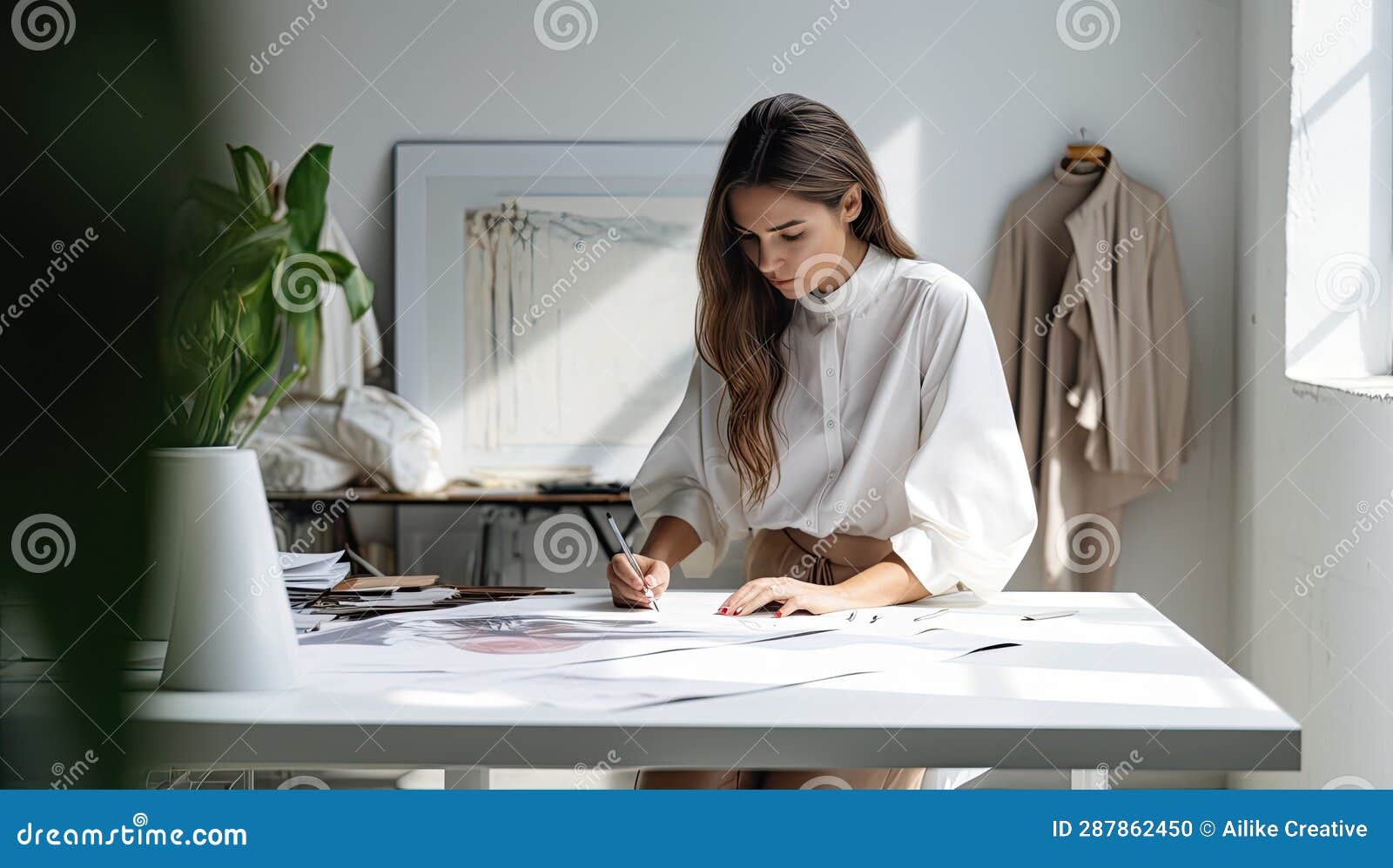 Beautiful Young Fashion Designer Working with Sketches in Modern Office ...