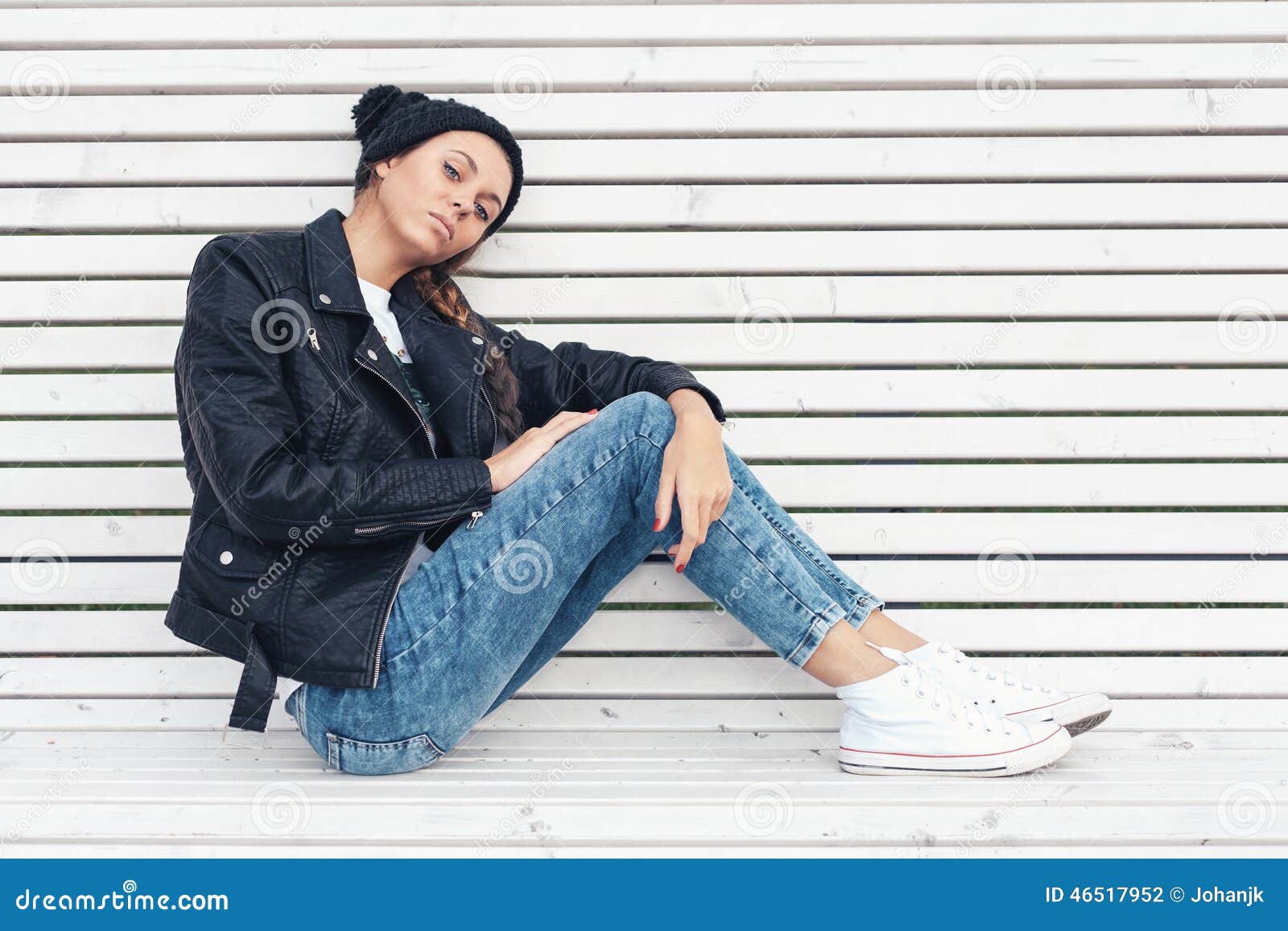 Beautiful Young Female Sitting on a Park Bench Stock Photo - Image of ...