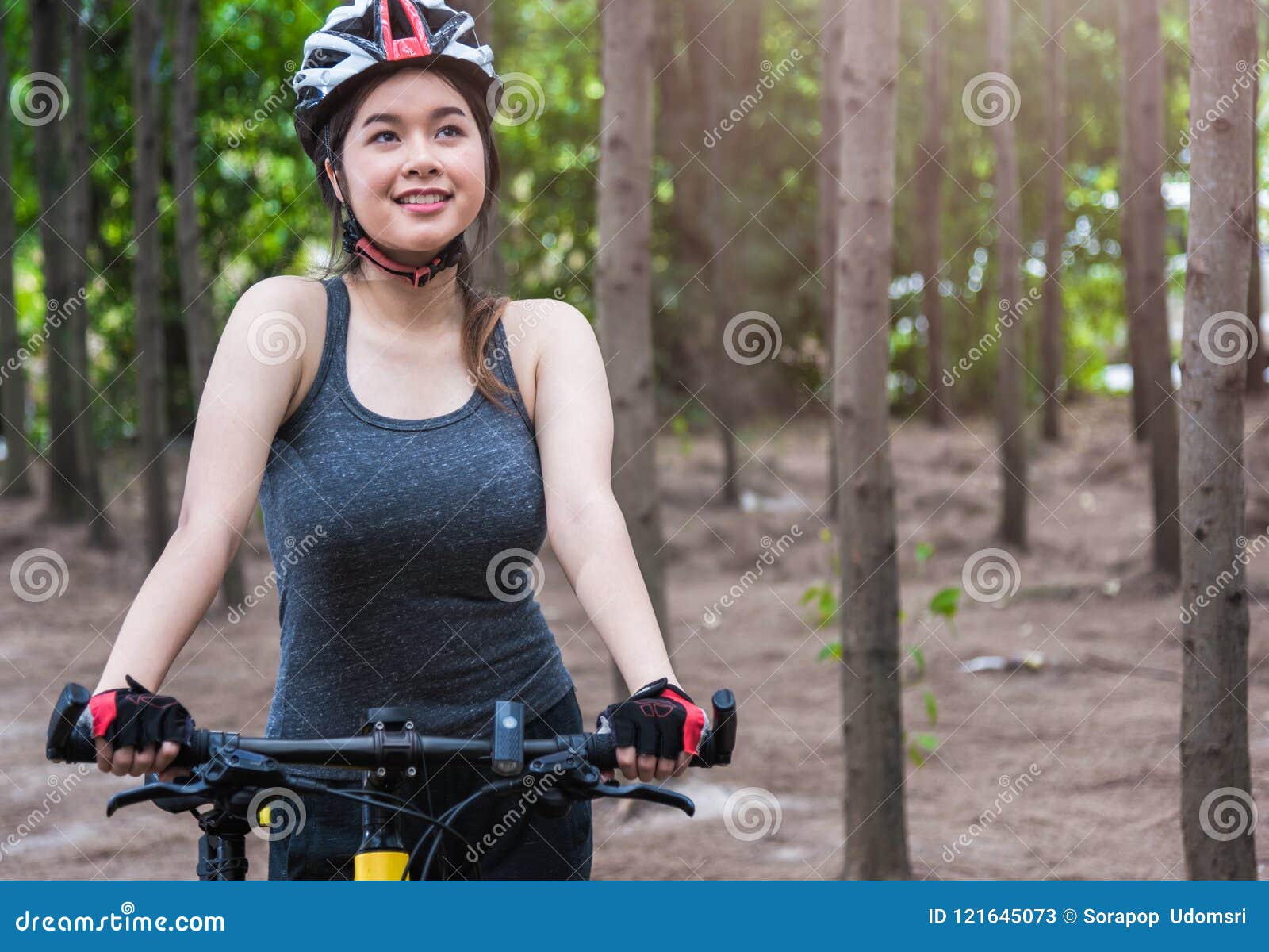 beautiful young female woman helmet activity bicycle