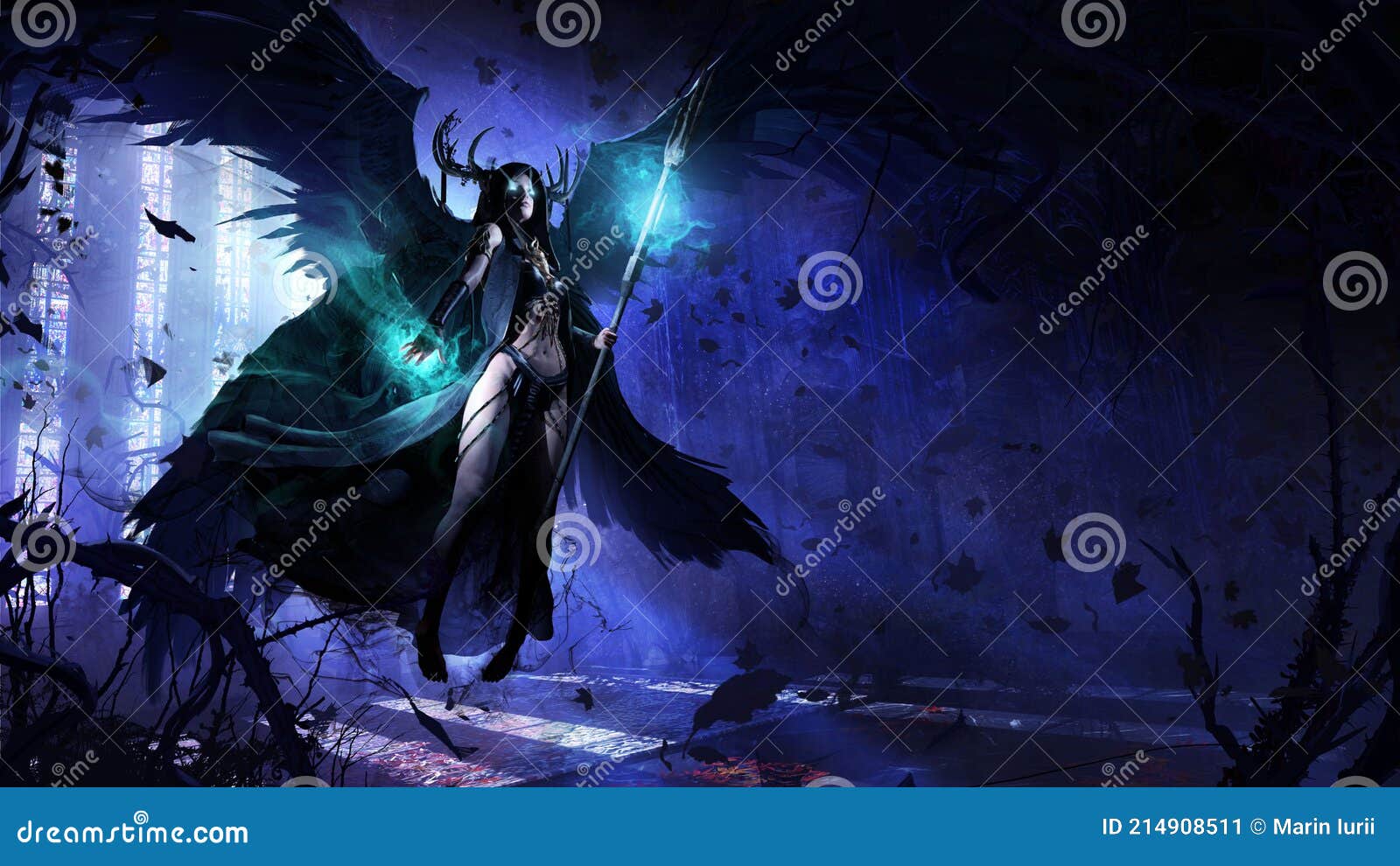 Beautiful Young Girl, she is a Black Angel of Death with a Magic Staff in  Her Hands, Barefoot Hovering in the Middle of an Stock Illustration -  Illustration of angel, girl: 214908511