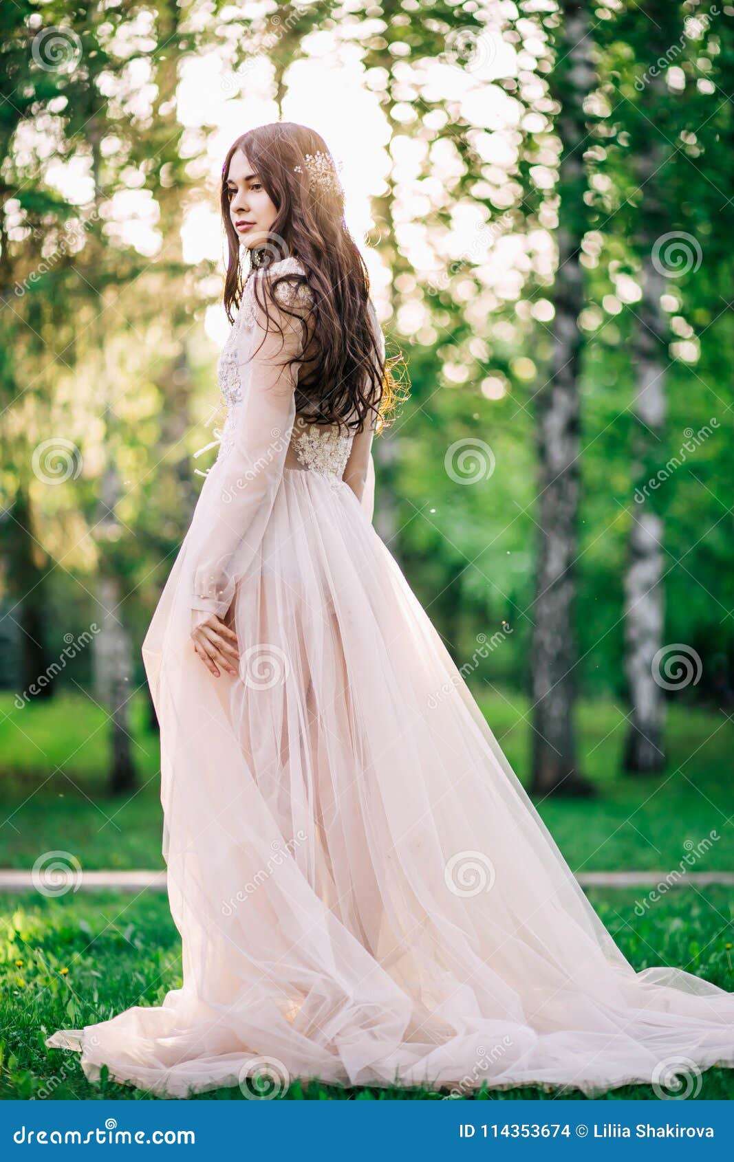 Beautiful Young Girl Bride Brunette in Delicate Bridal Boudoir Gown of ...