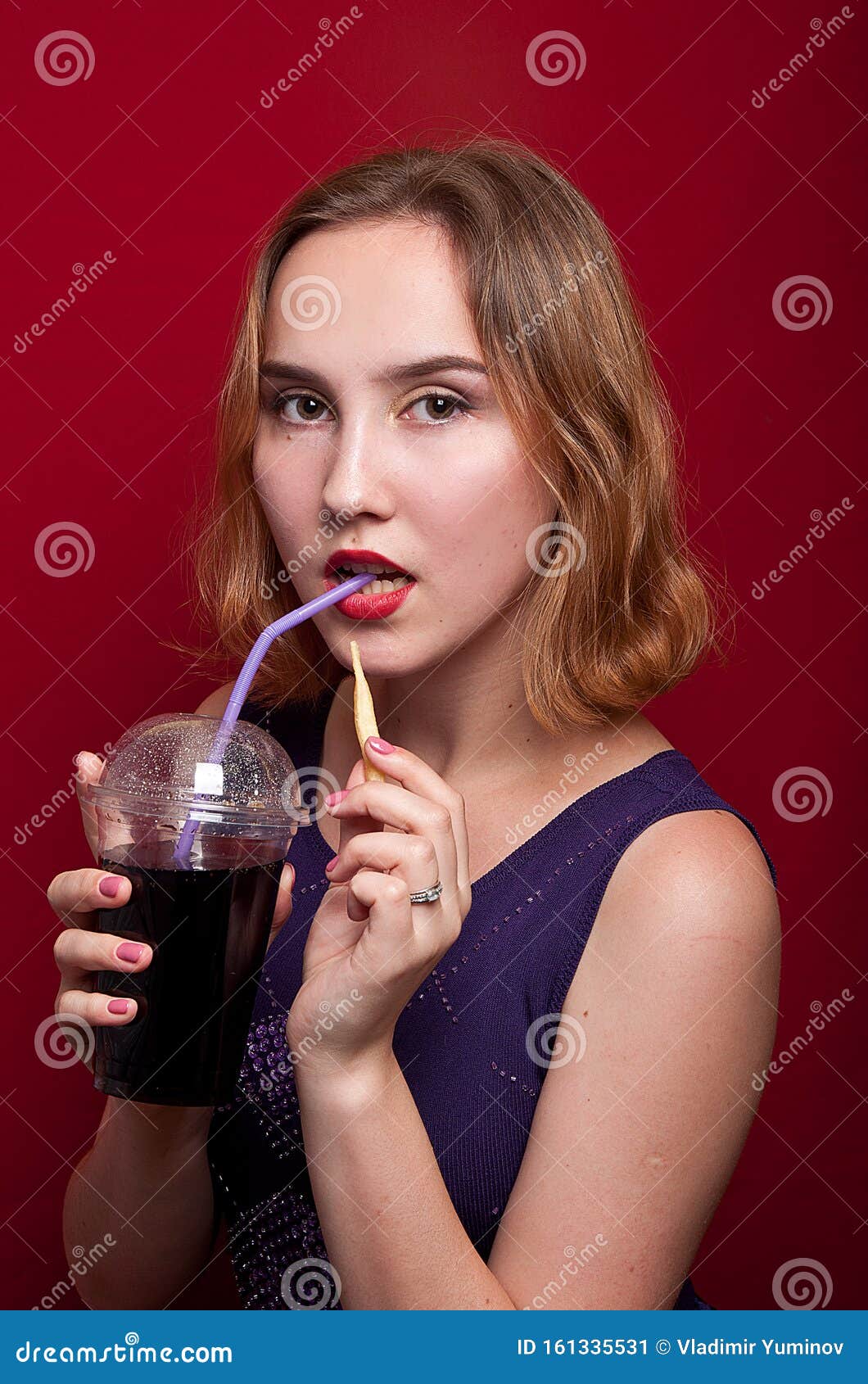 Beautiful Girl with French Fries and Drink Stock Image - Image of fries