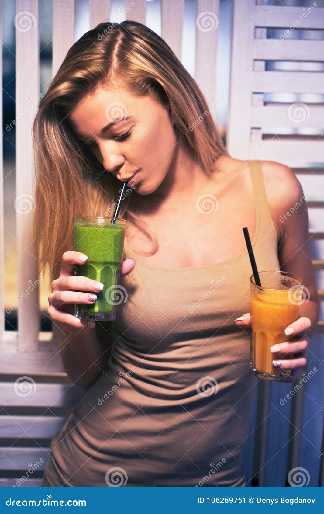 Beautiful Young Girl In A Health Cafe Drinking Smoothies Go Vegetarians Healthy Life With 