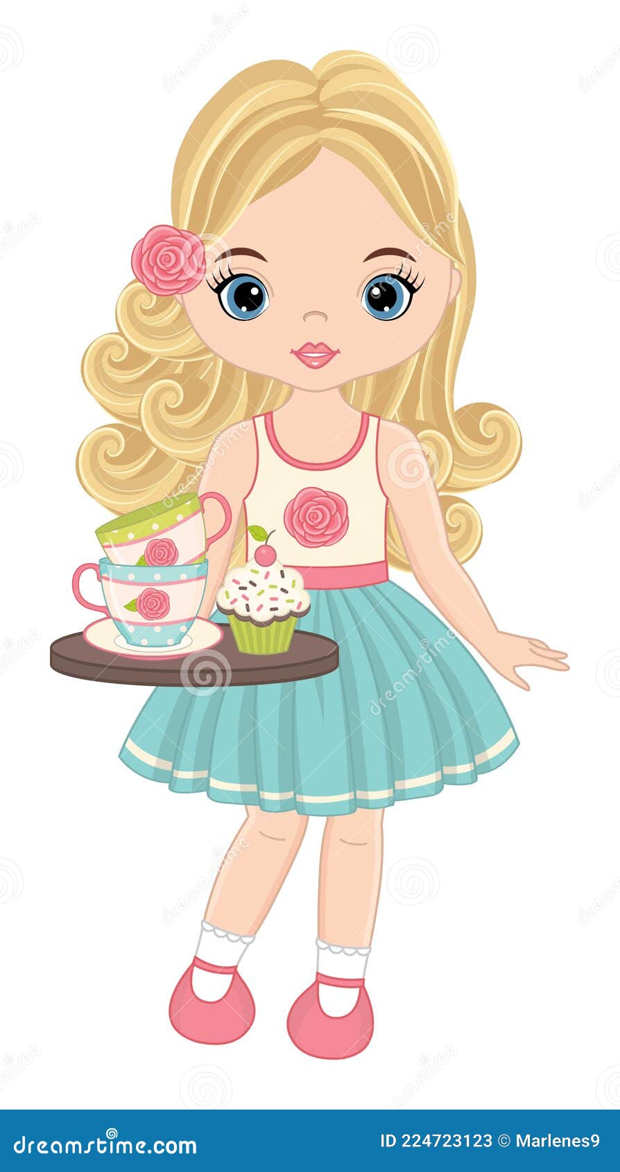 Beautiful Young Girl Holding Tea Cups and Cupcake. Vector Tea Party ...