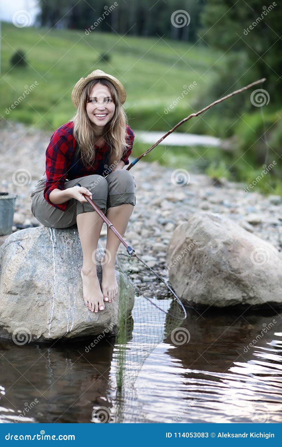 Girl by the River with a Fishing Rod Stock Image - Image of active